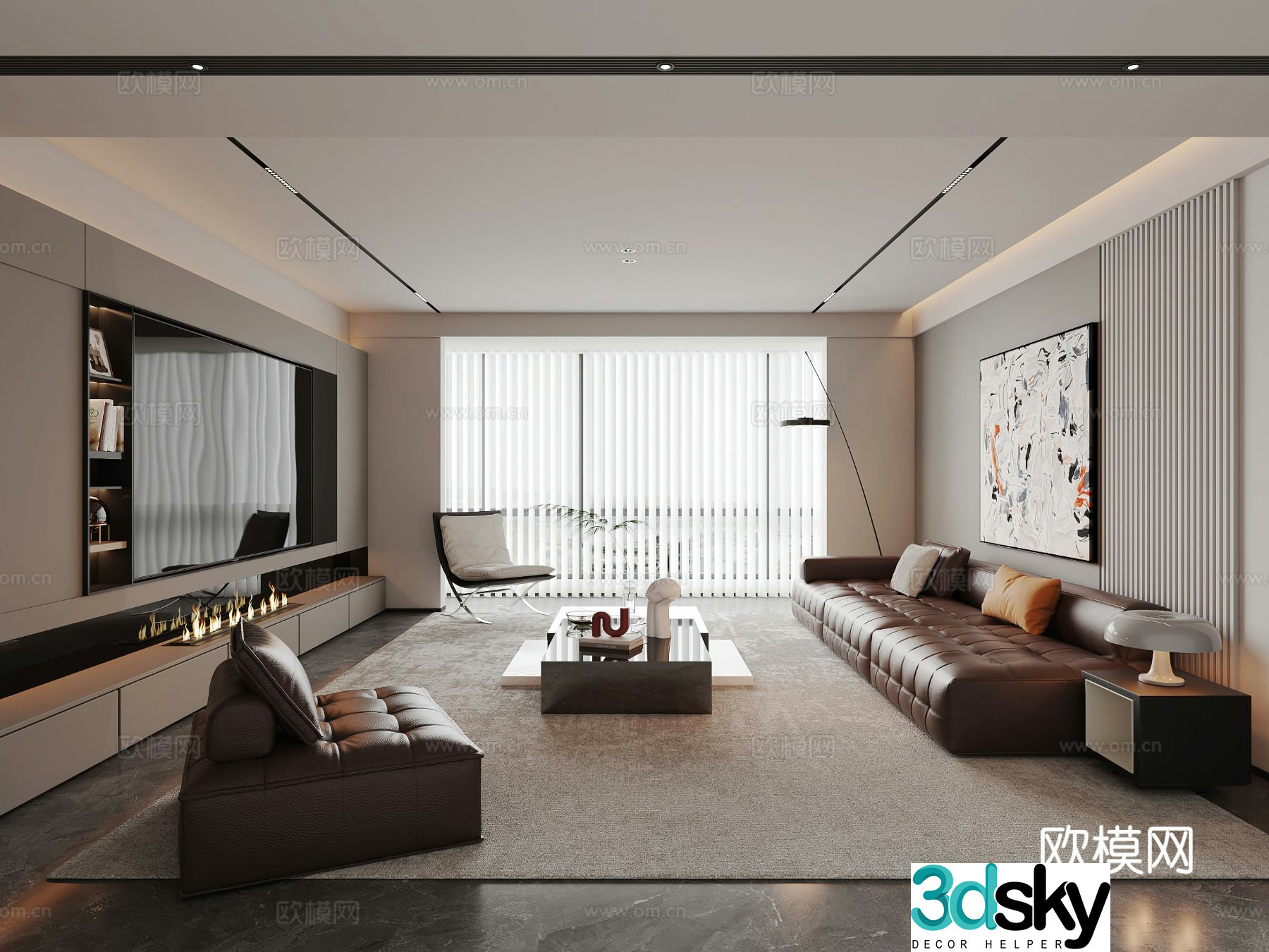 Italian living room sofa coffee table combination TV background wall fireplace fantasy linkage curtain 3D model