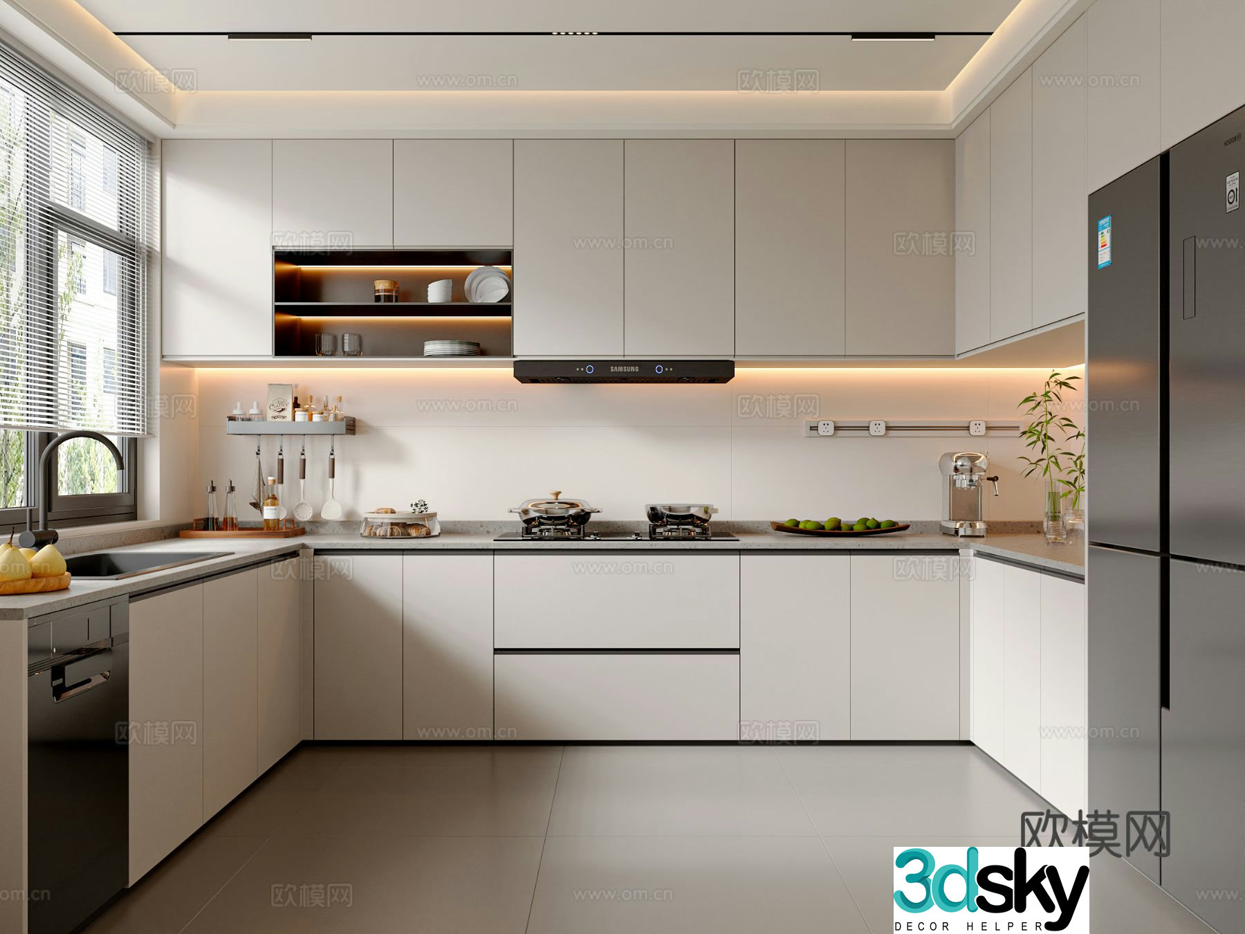 Modern kitchen cabinets kitchen supplies kitchen appliances refrigerator stove kitchen utensils 3d model