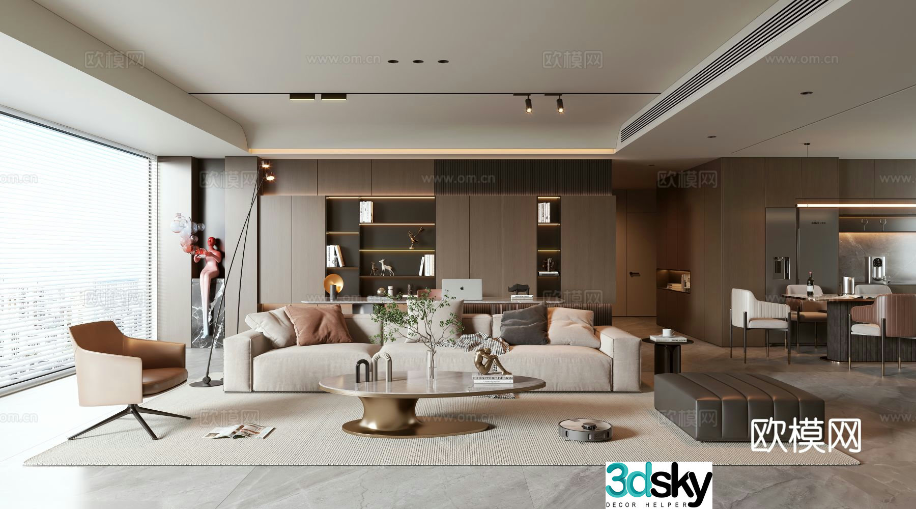 Modern living and dining room 3d model