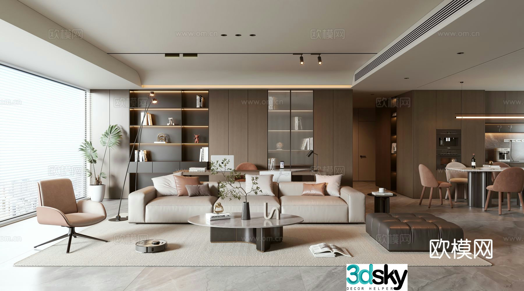 Modern living and dining room 3d model