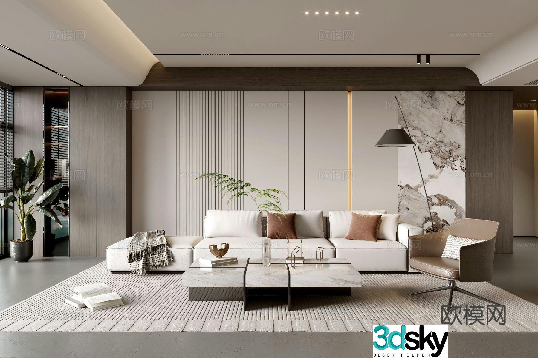 Modern simple living room balcony cabinet sofa combination coffee table sofa background wall 3d model