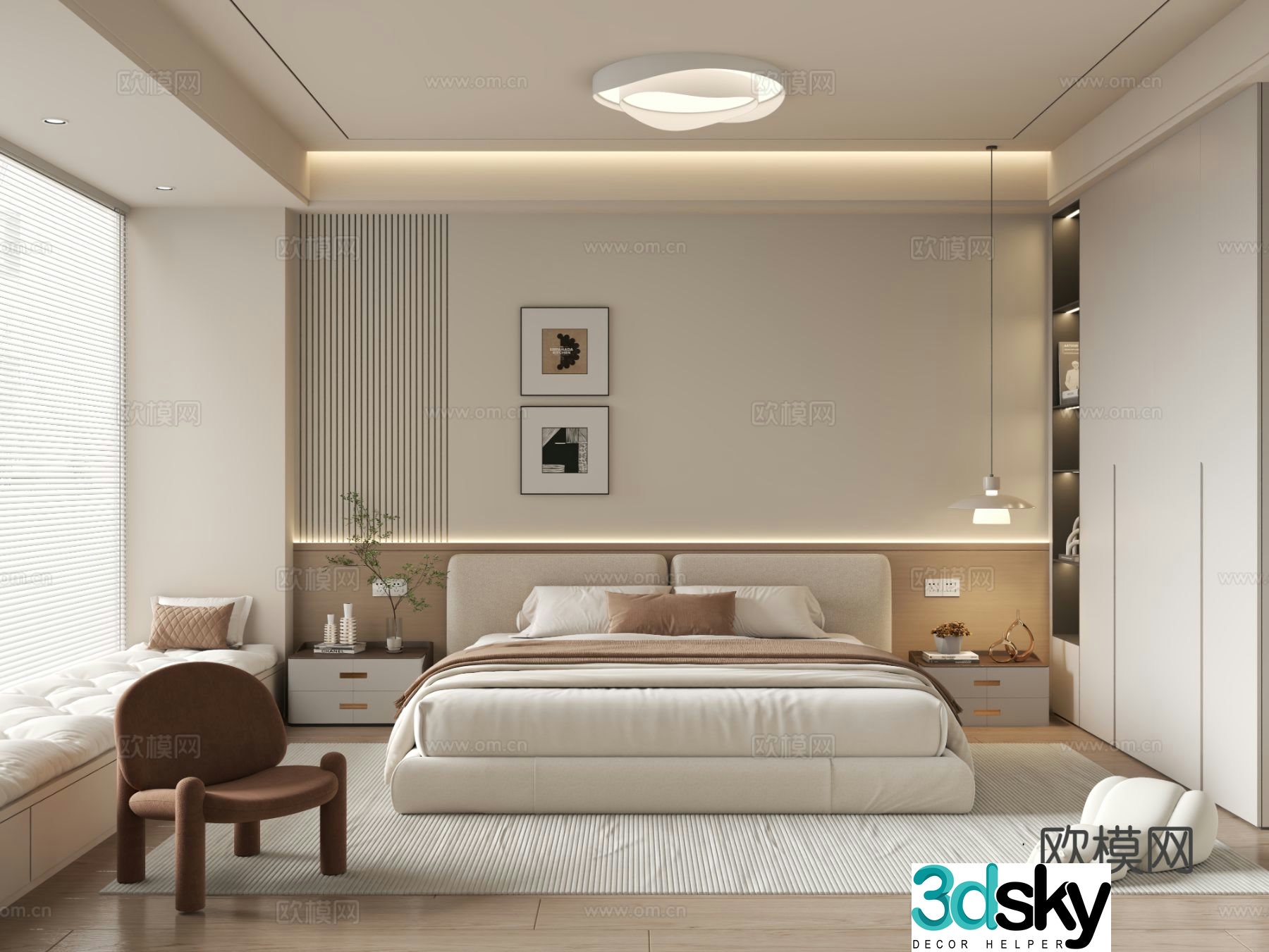 Creamy Bedroom Bathroom Window Bedroom 3D Model