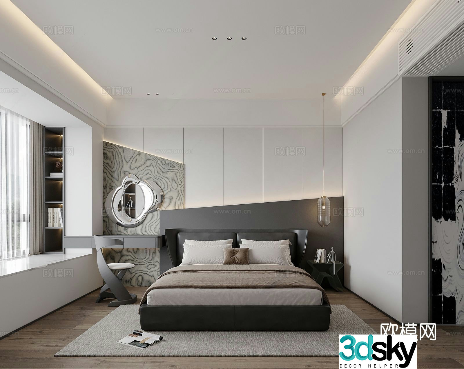 Senior gray bedroom double bed bedside background wall bay window floating desk and chair 3D model