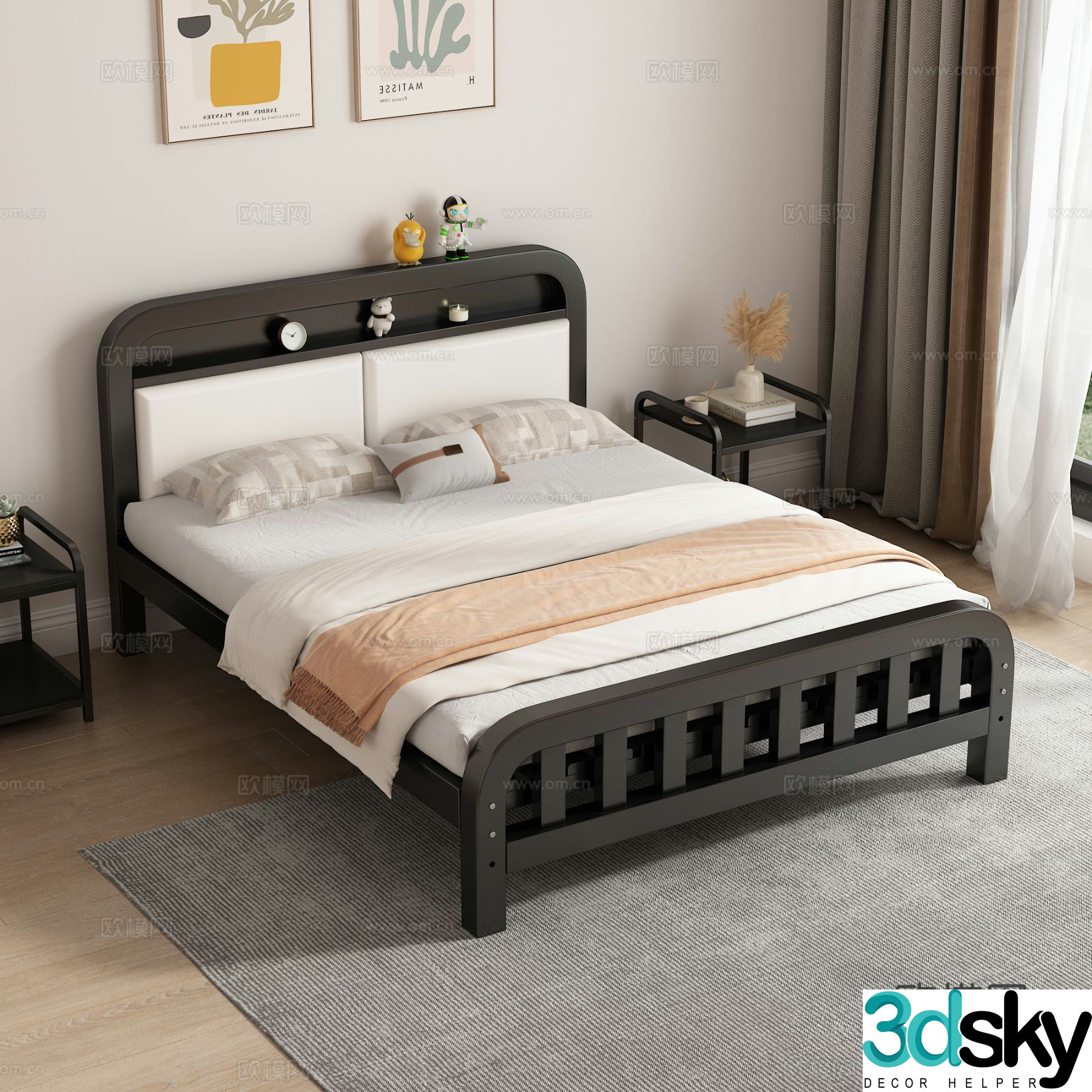Nordic double bed with bedside table backrest soft iron bed master bedroom bed bedside table decorative painting 3D model