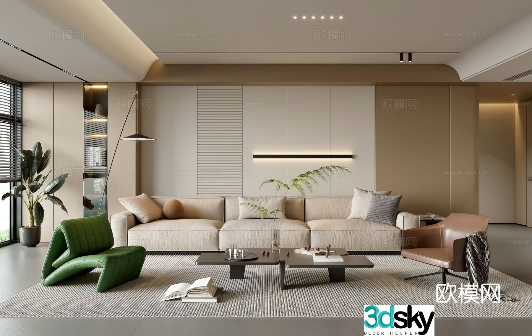 Modern simple living room balcony cabinet sofa combination coffee table sofa background wall 3d model