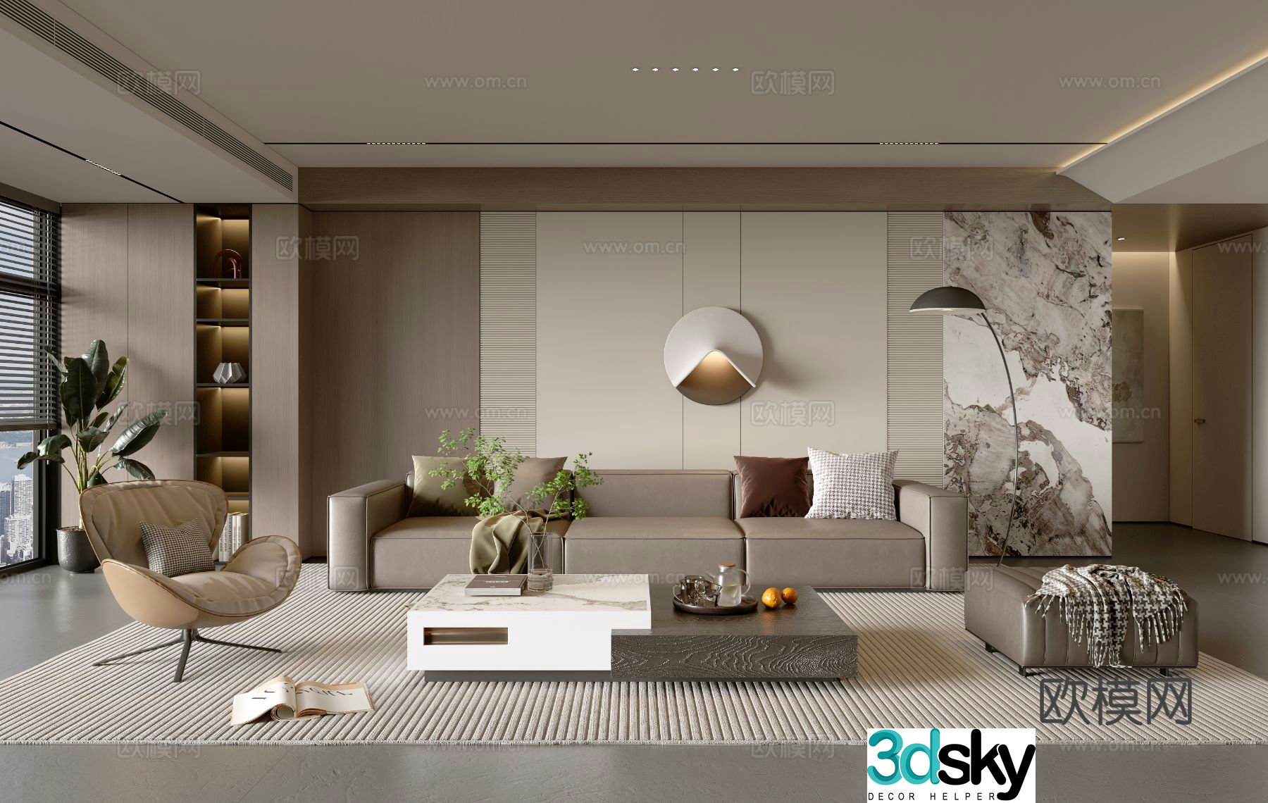 Modern simple living room balcony cabinet sofa combination coffee table sofa background wall 3d model