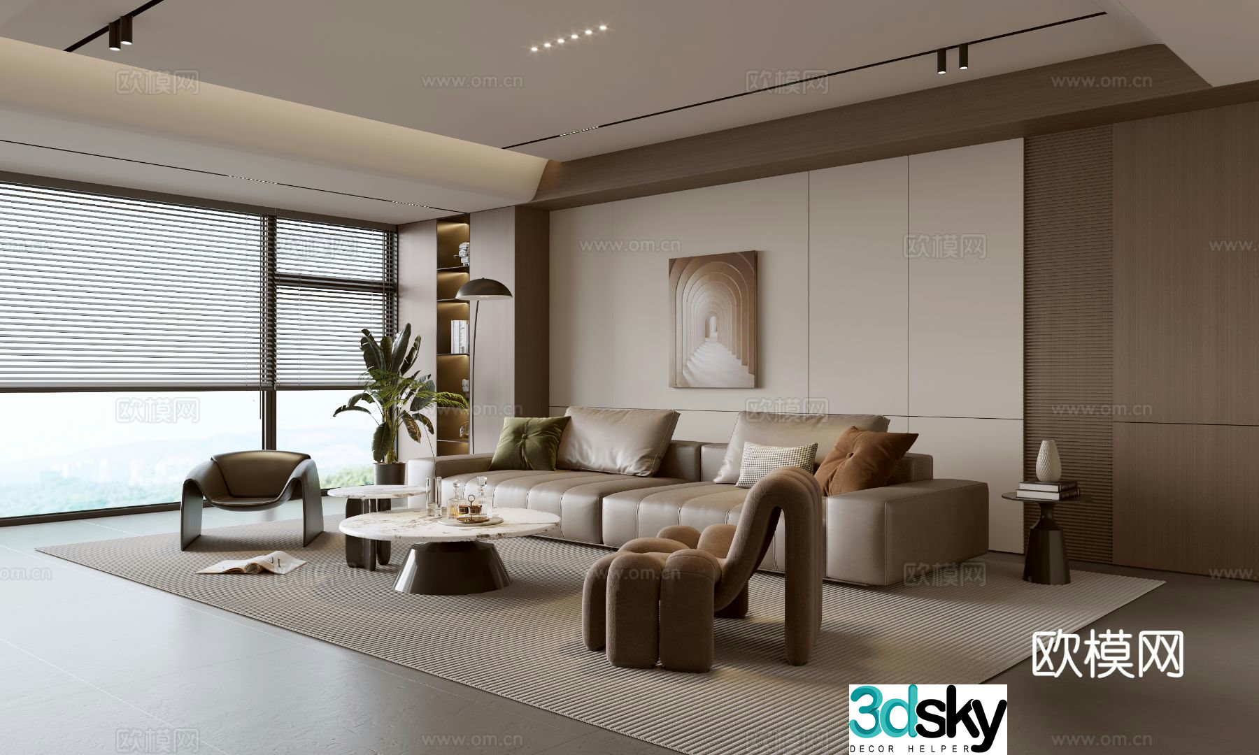 Modern Italian living room light luxury sofa coffee table combination sofa background wall balcony cabinet 3D model