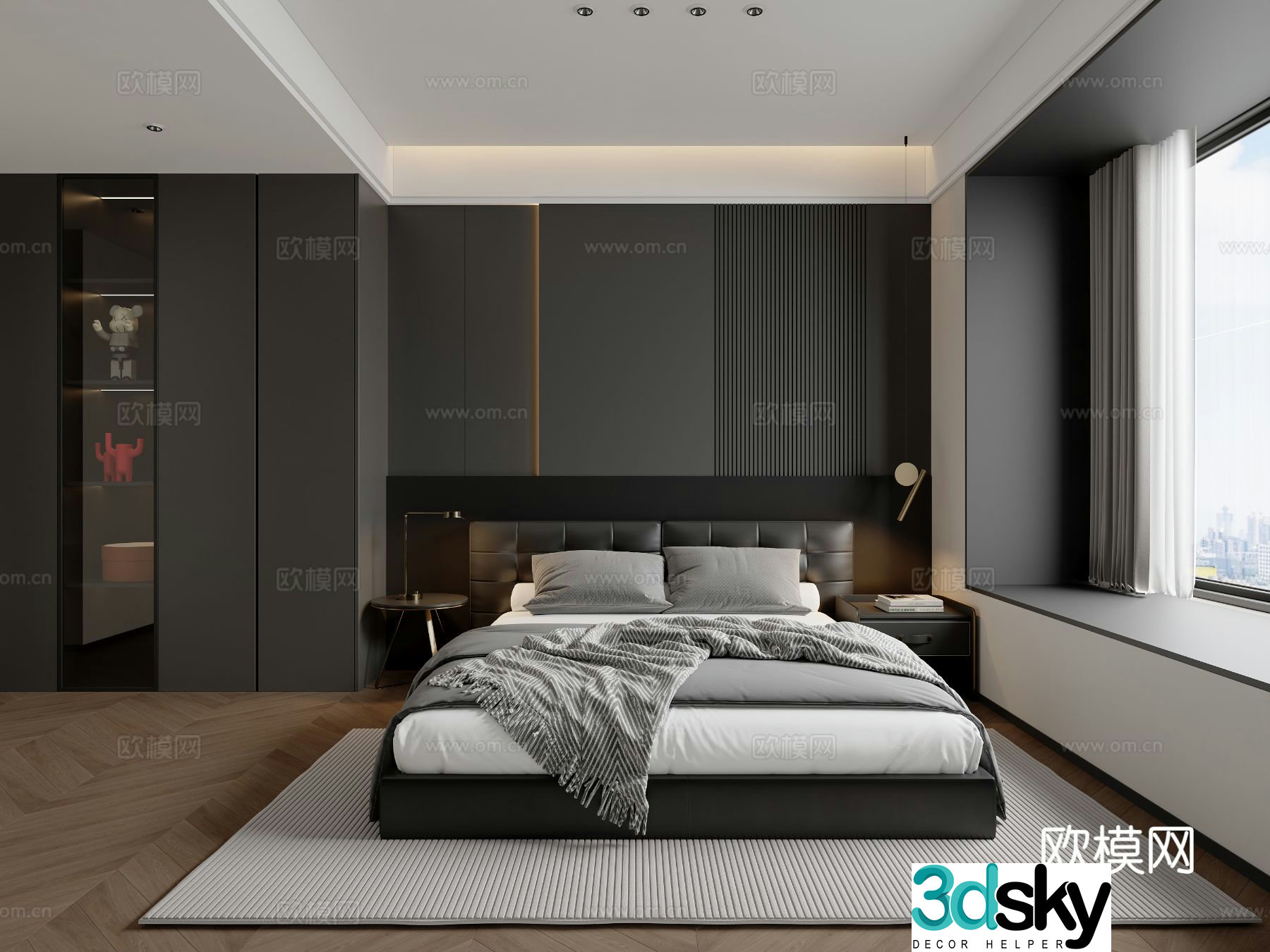 Modern minimalist black white and gray bedroom 3d model