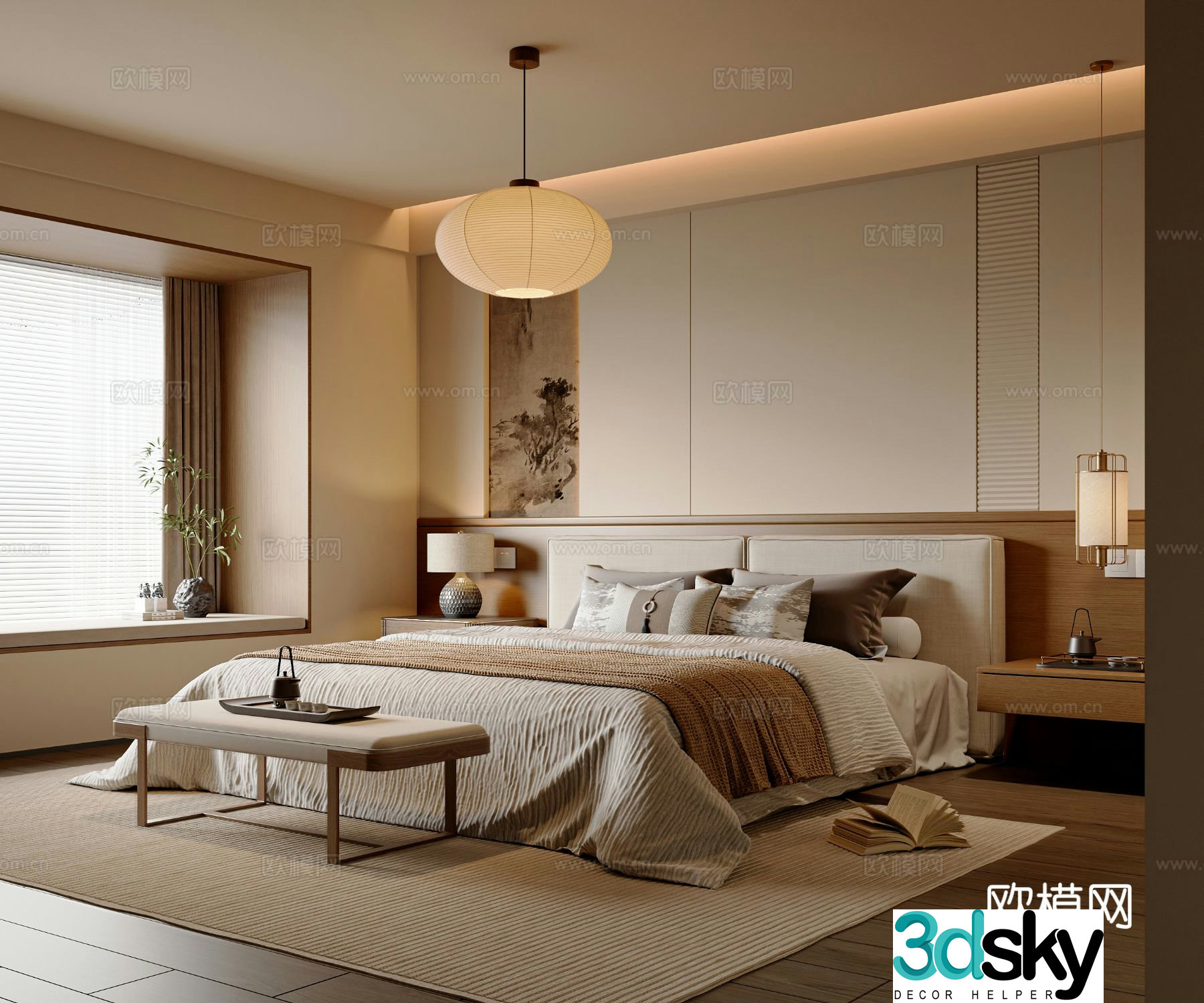 New Chinese style Chinese bedroom double bed new Chinese style chandeliers new Chinese style desk lamp bedroom accessories ornaments 3D model