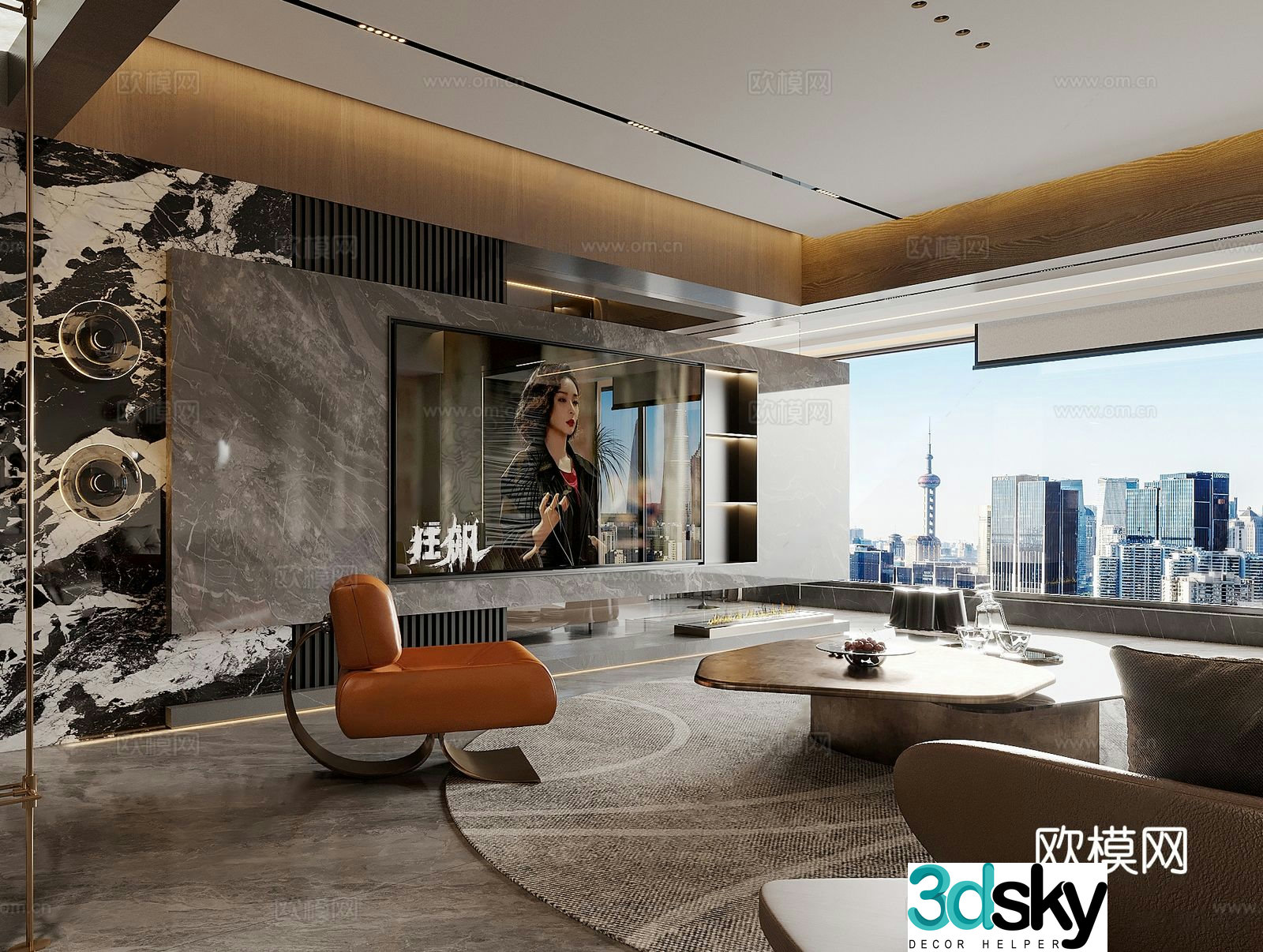 Italian light luxury TV background wall Italian living room Italian sofa coffee table combination ownerless light ceiling 3D model