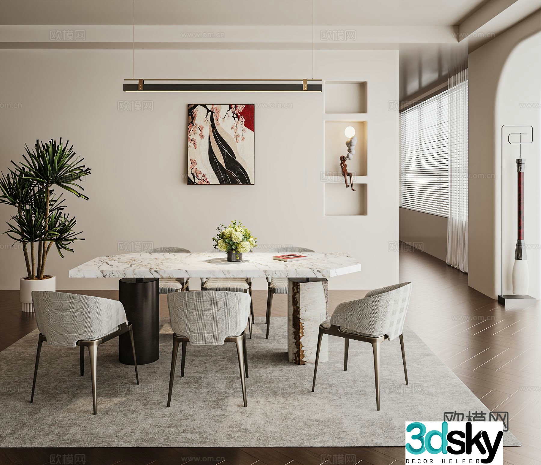Creamy restaurant dining table combination sideboard carpet 3d model