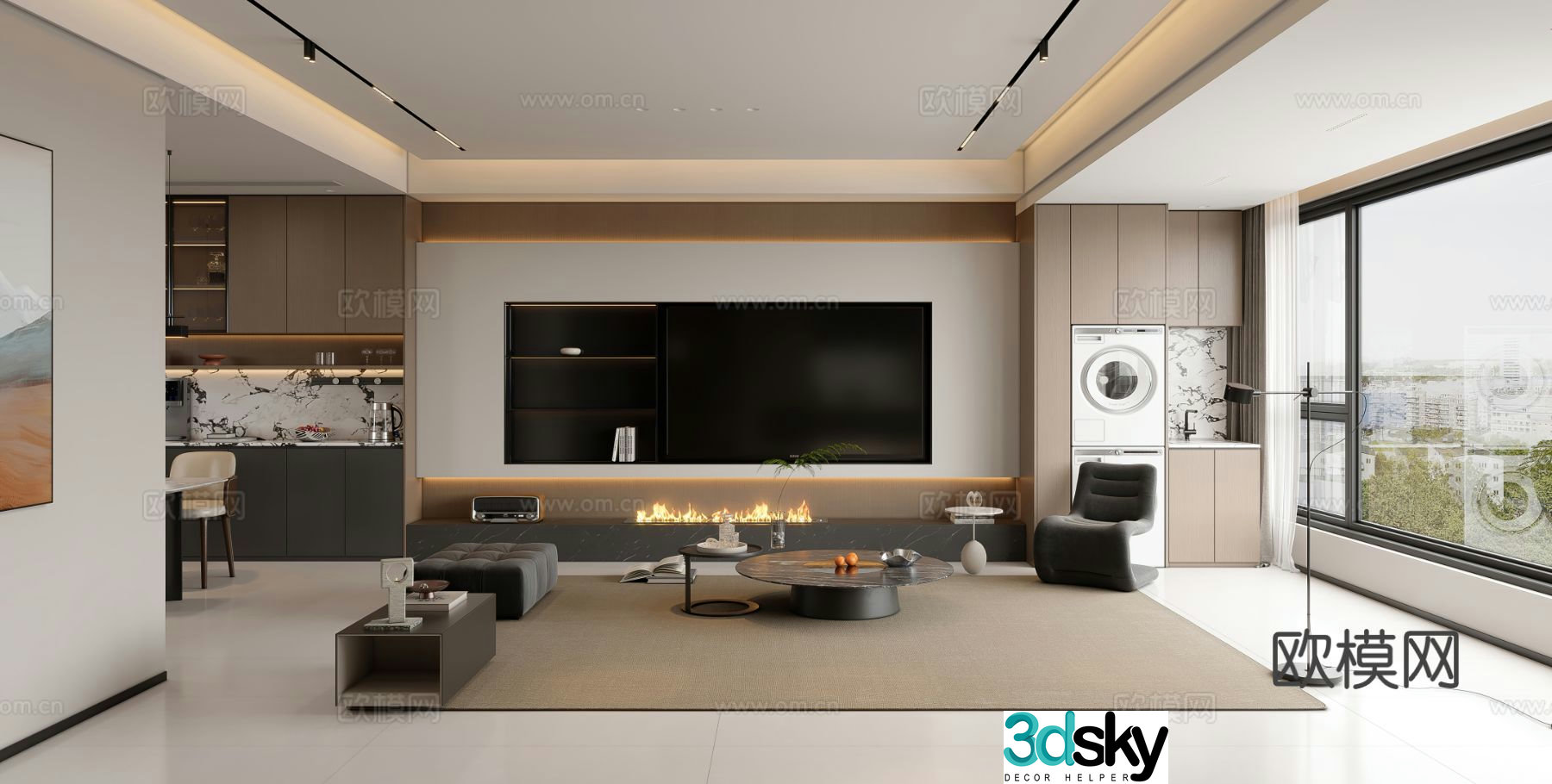 Modern living room TV background wall fireplace leisure chair side table corner table TV cabinet coffee table 3d model