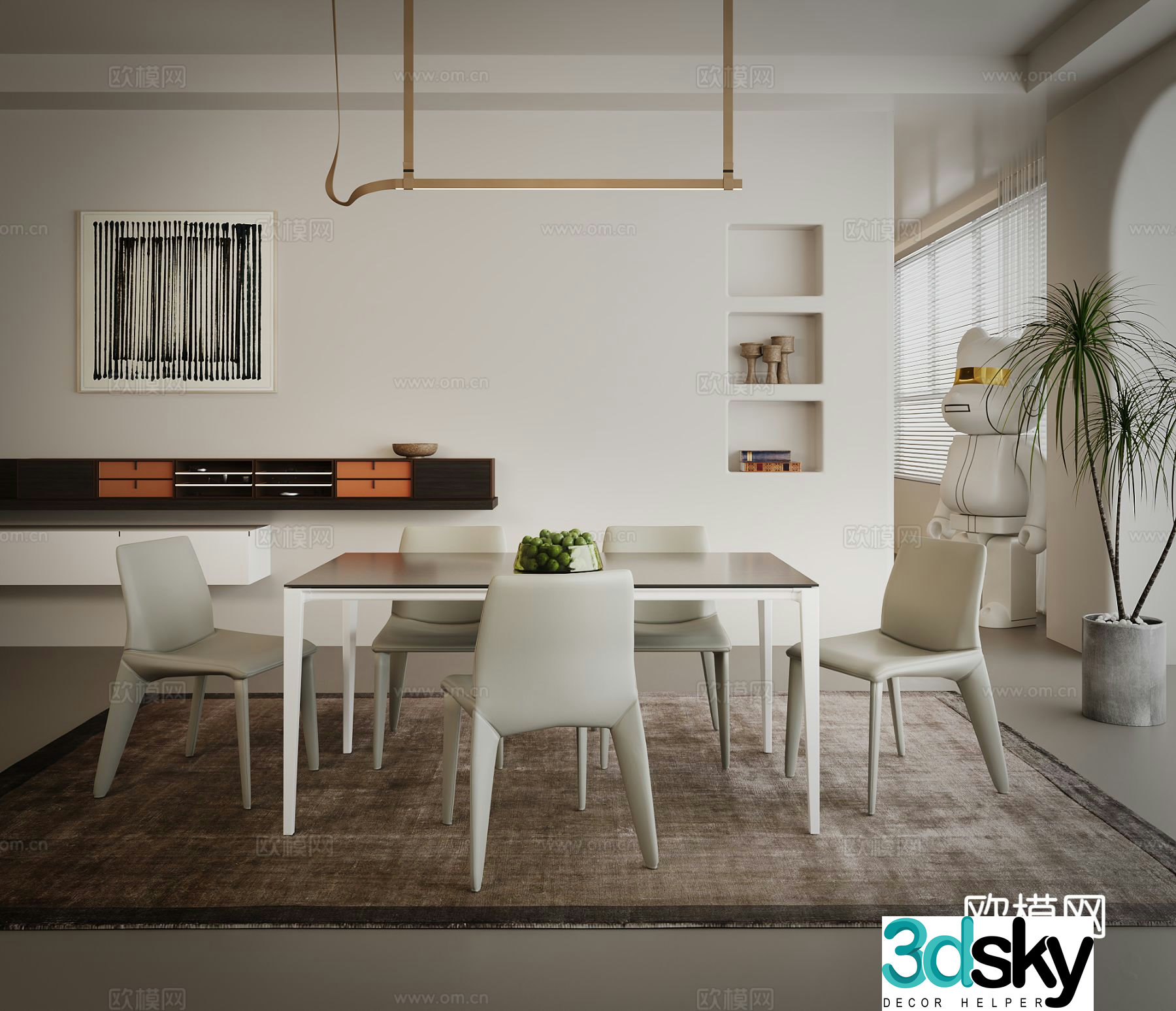 Simple European Restaurant Dining Table Combination Sideboard Carpet 3D Model