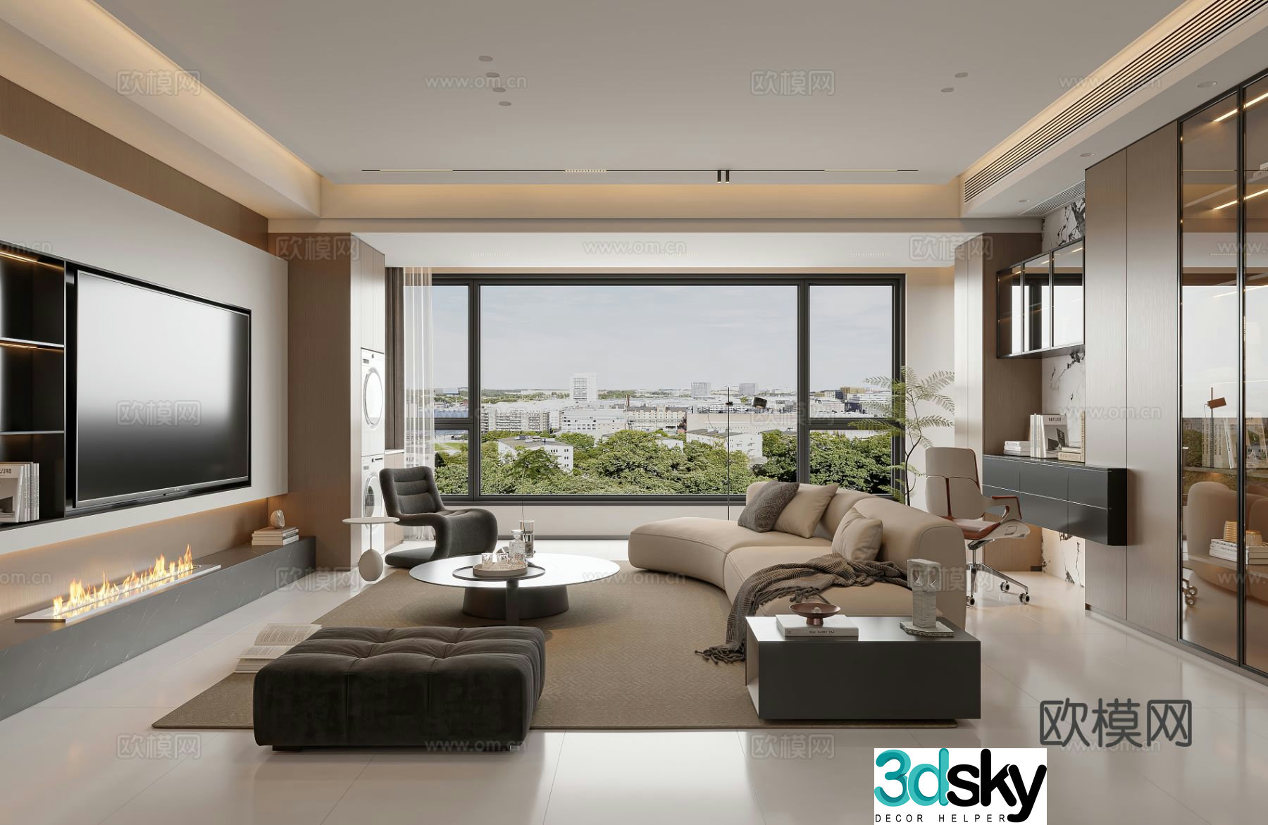 Modern living room combination sofa curved sofa TV background wall fireplace desk study 3d model