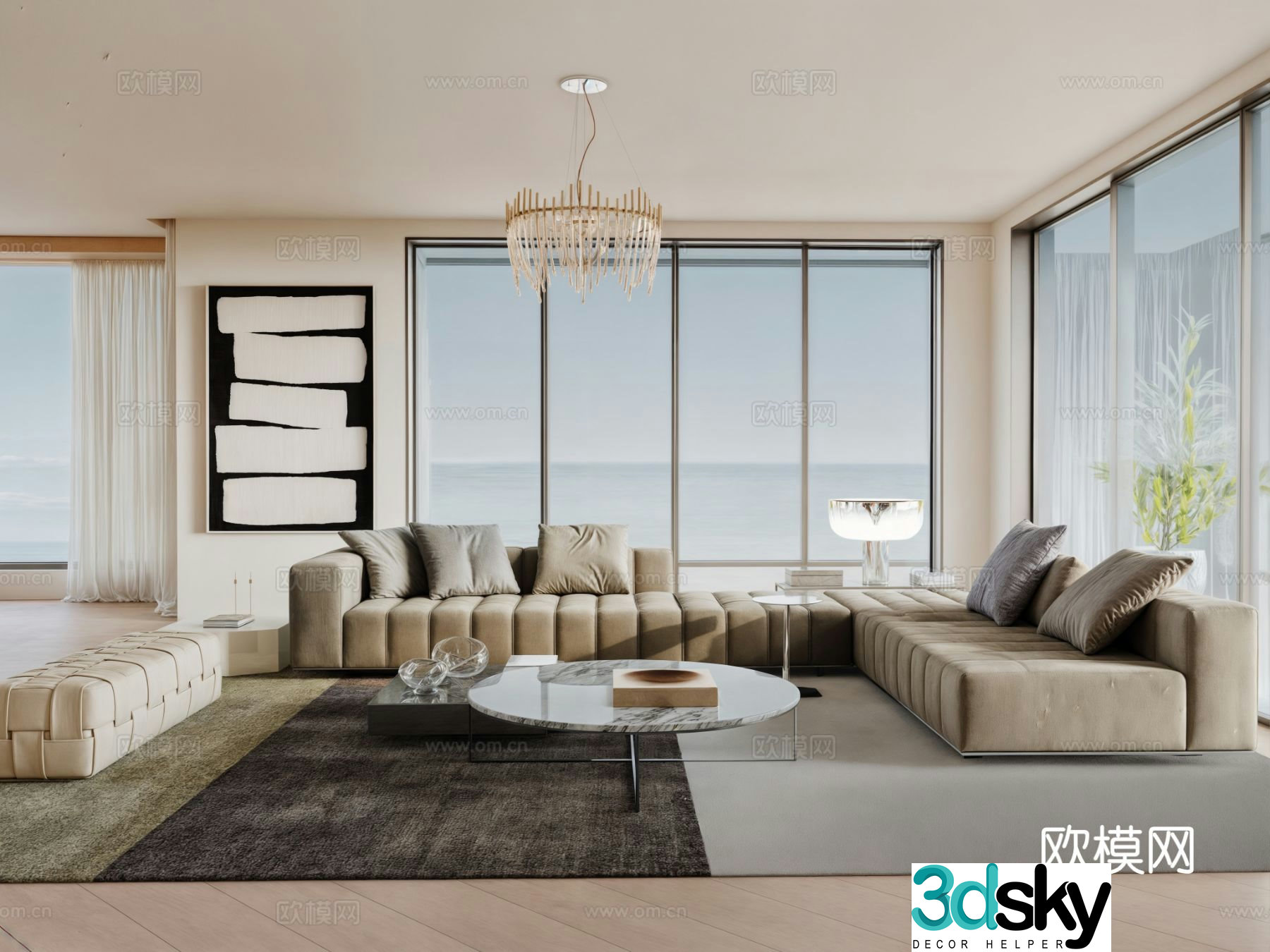 Modern living room sea view living room sofa combination sideboard chandelier 3d model