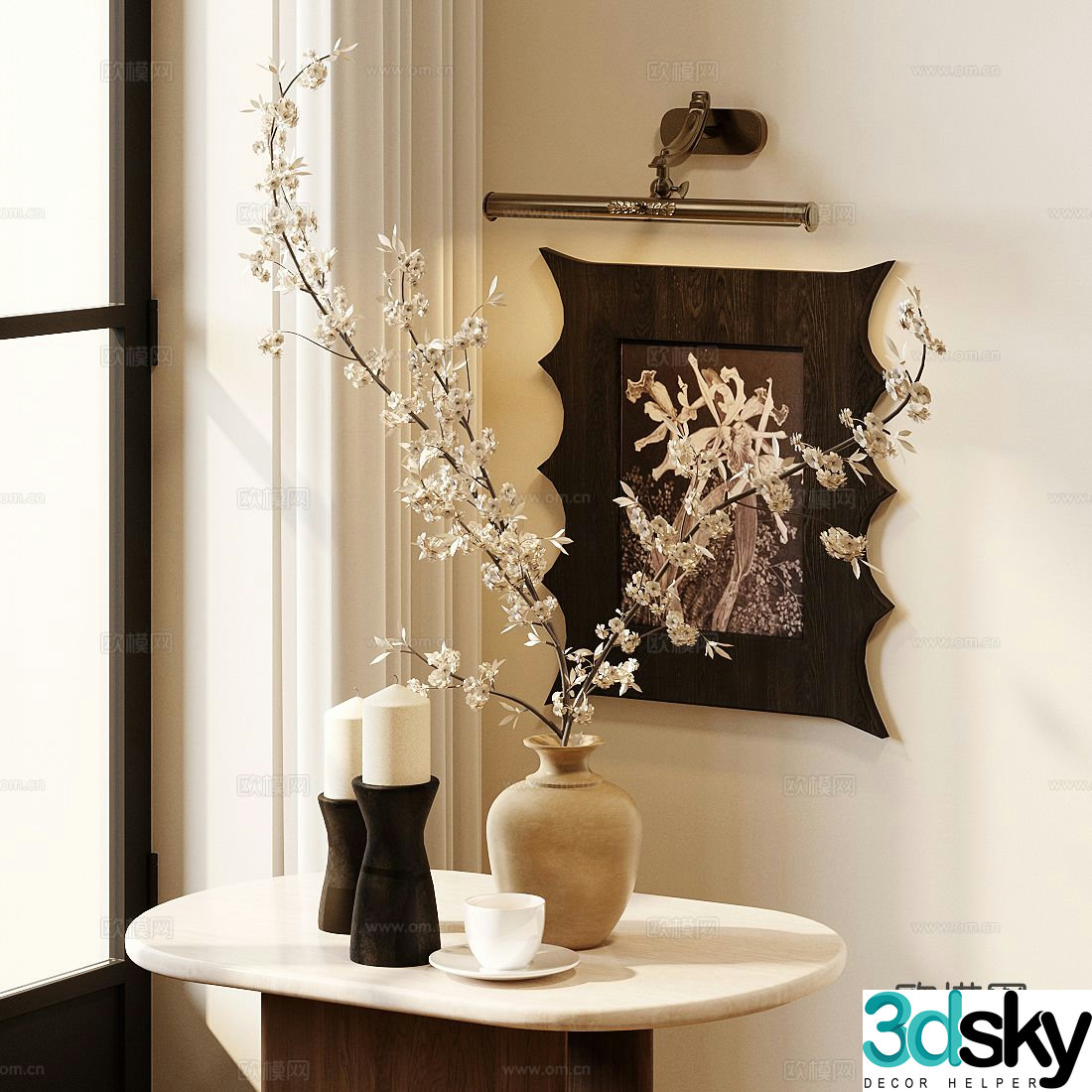 New Chinese style flower art interior landscape flower art ceramic flower pot living room dining table vase ornament stem and branch flower 3D model
