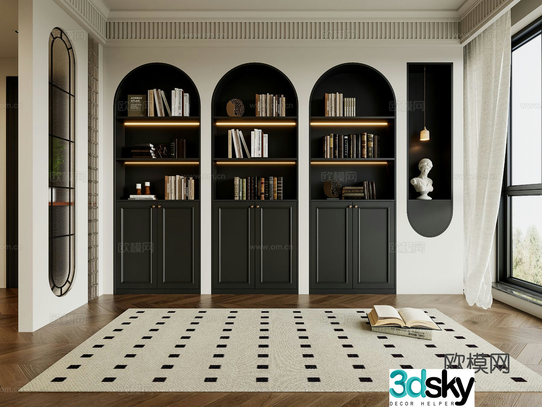 French retro bookcase retro glass partition wall arc bookcase wall study bookcase living room bookcase 3d model