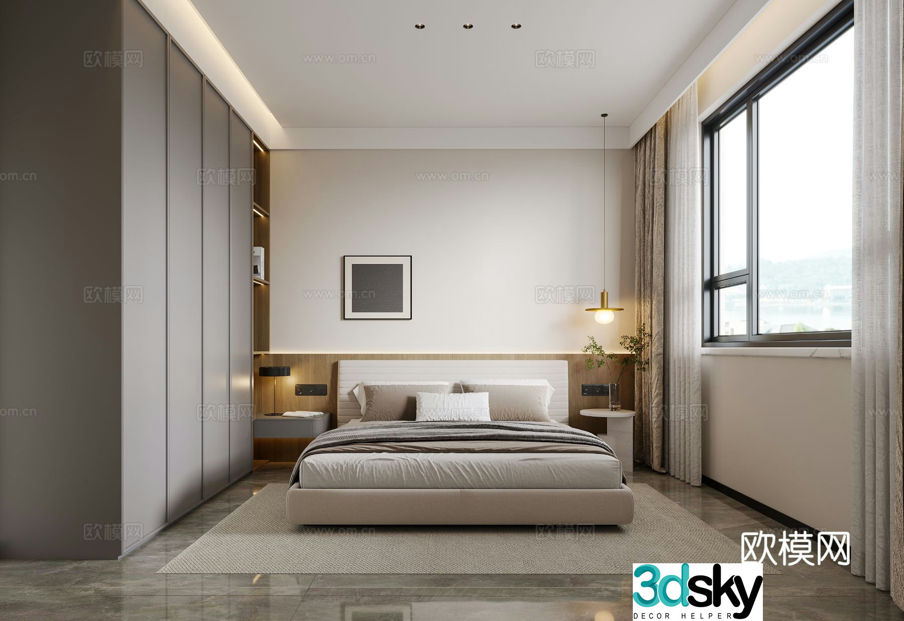 Modern minimalist bedroom Italian style bedroom Creamy bedroom Bedroom without owner lights Modern hanging painting 3D model