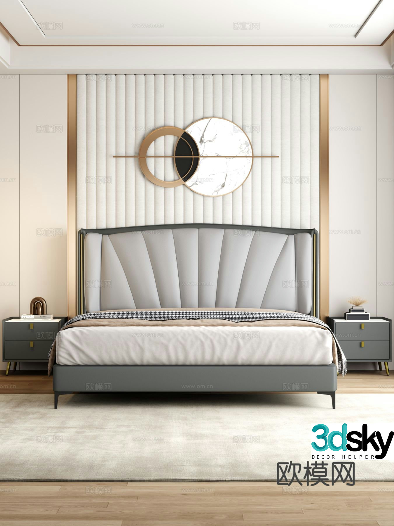 Light luxury bedroom bedside double bed bedside table 3D model