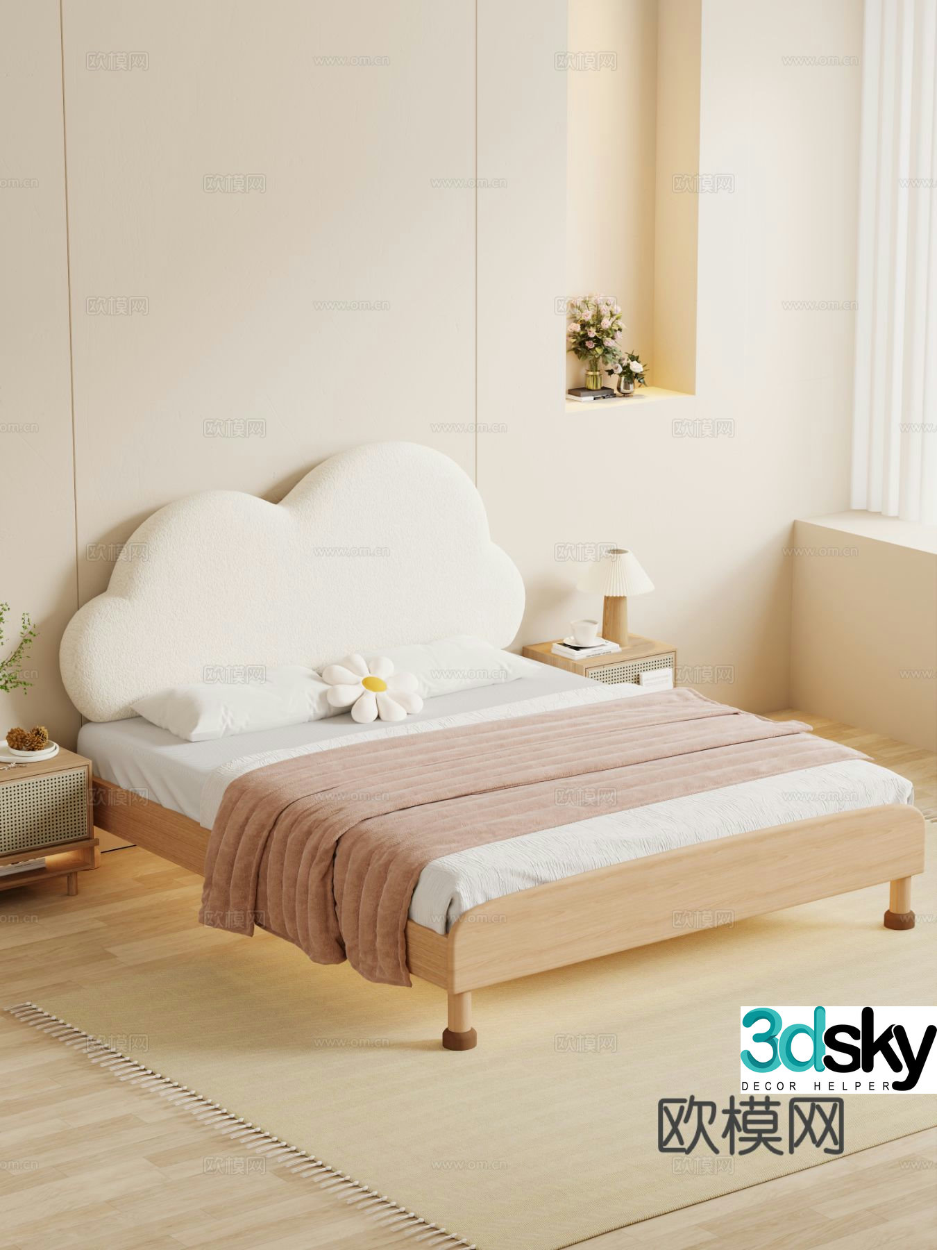 Cream bedroom Cloud double bed Double bed Bed nightstand Minimalist bed Decoration Hanging painting 3D model