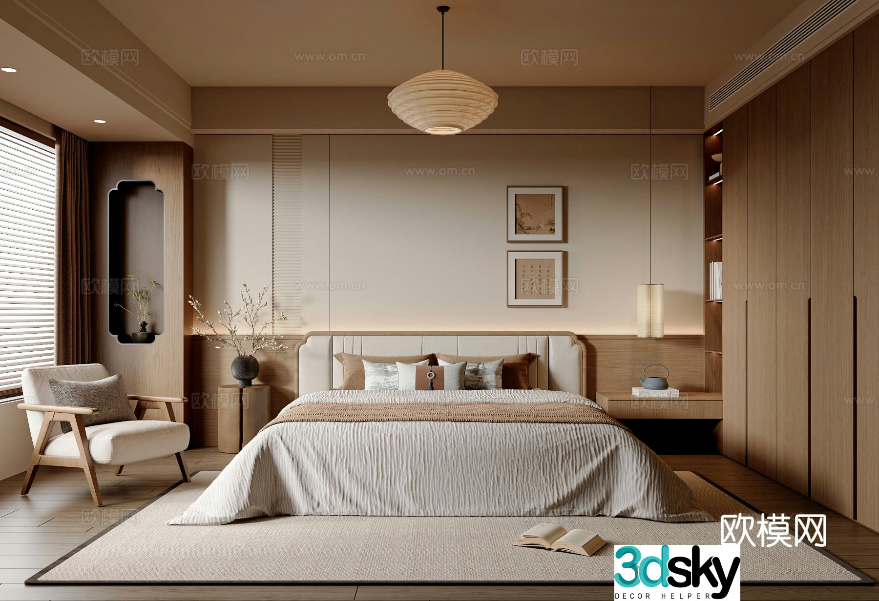New Chinese style Song style bedroom double bed master bedroom leisure chair wardrobe new Chinese style jewelry ornaments 3D model