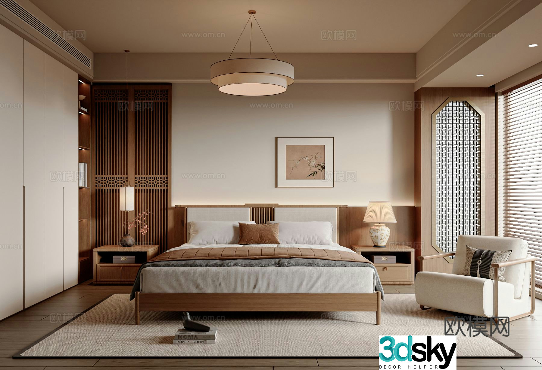 New Chinese style Chinese bedroom double bed leisure chair wardrobe hanging painting new Chinese style chandelier 3D model