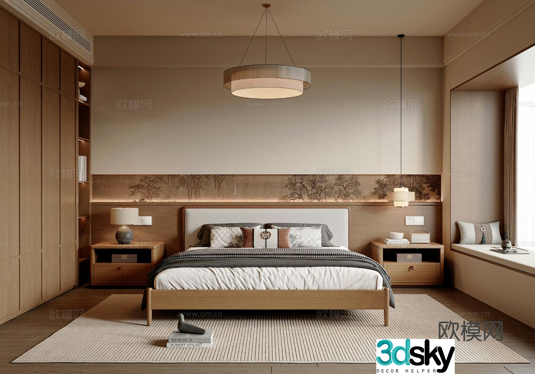 New Chinese style Chinese bedroom double bed wardrobe hanging painting new Chinese style chandelier 3D model