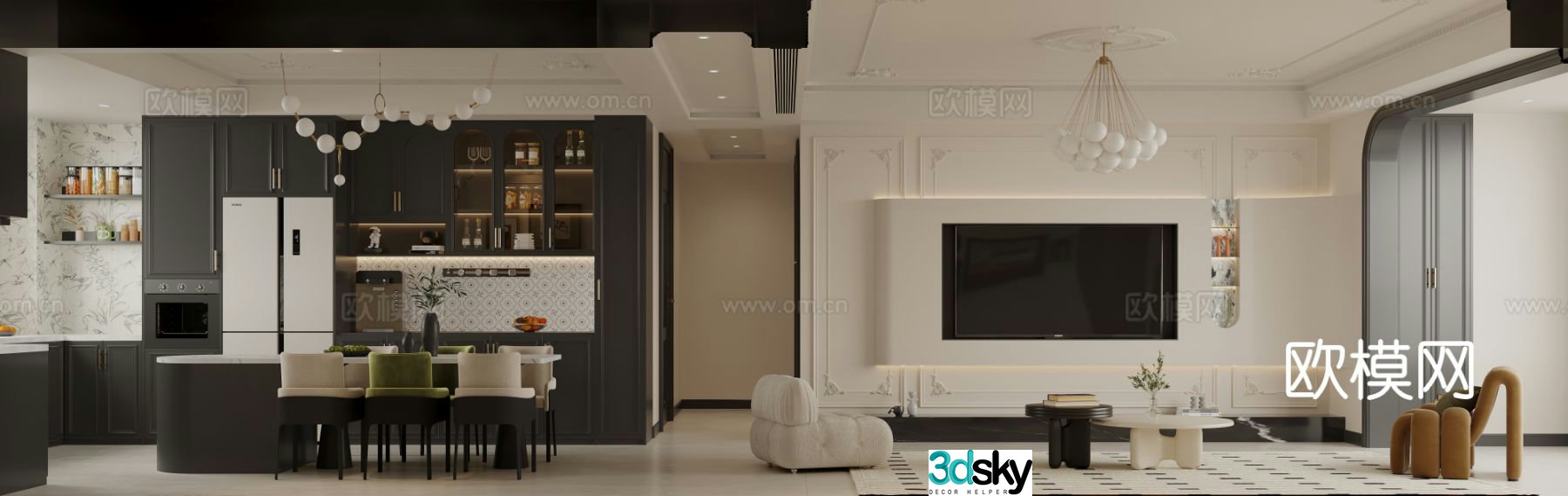 French Cream Living and Dining Open Kitchen 3D Model