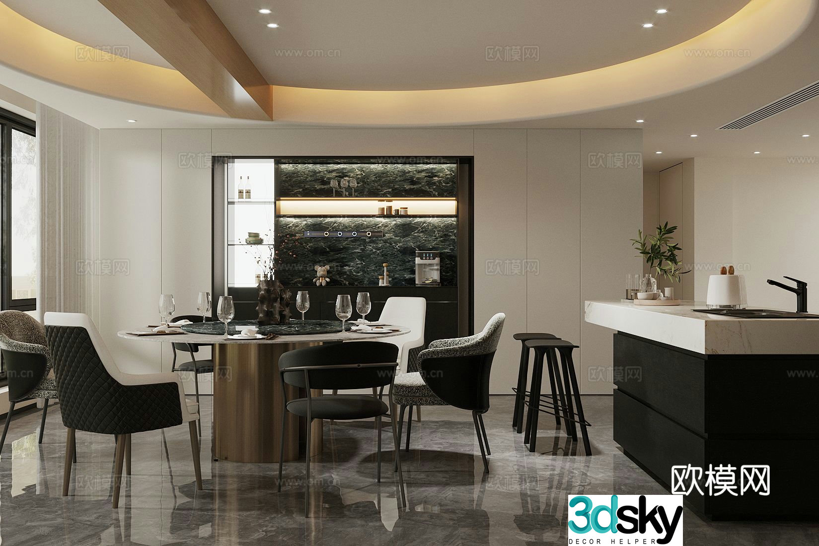Modern home restaurant Island restaurant Round table restaurant Open restaurant Own light restaurant 3d model