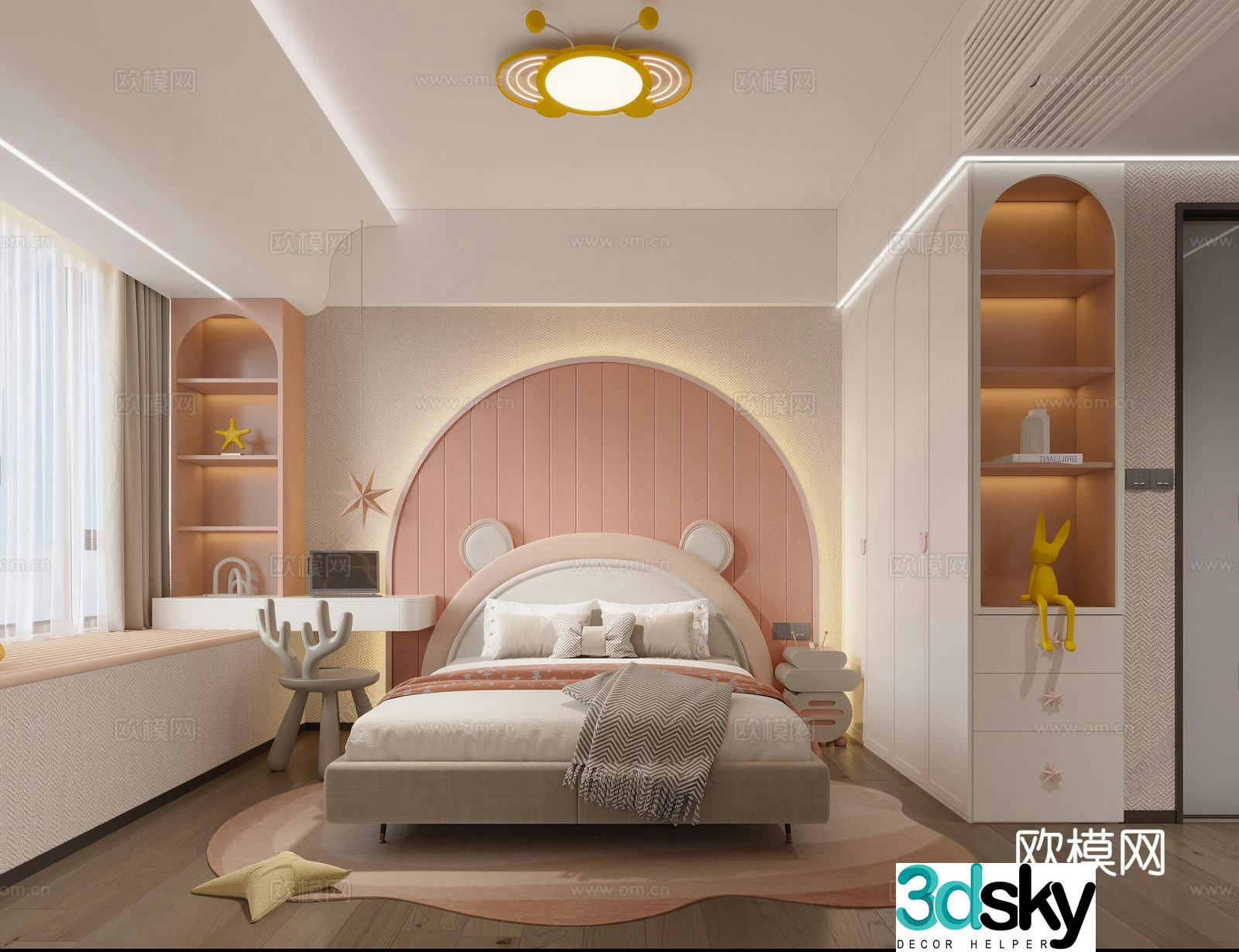 Modern girl room pink wardrobe pink daughter bed daughter room bay window daughter room wardrobe 3d model