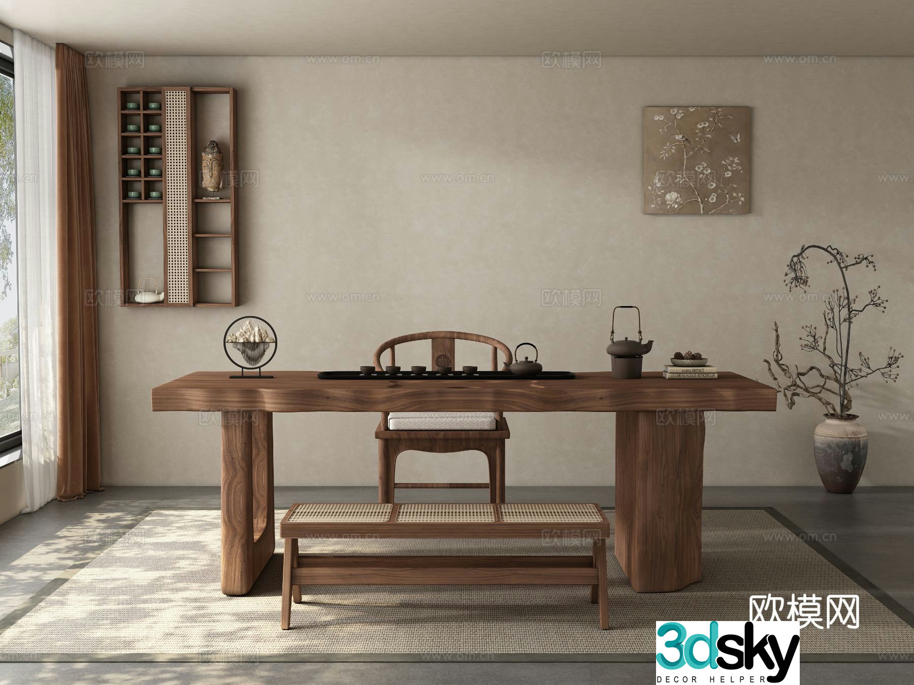 New Chinese style medieval tea room tea table and chair 3D model