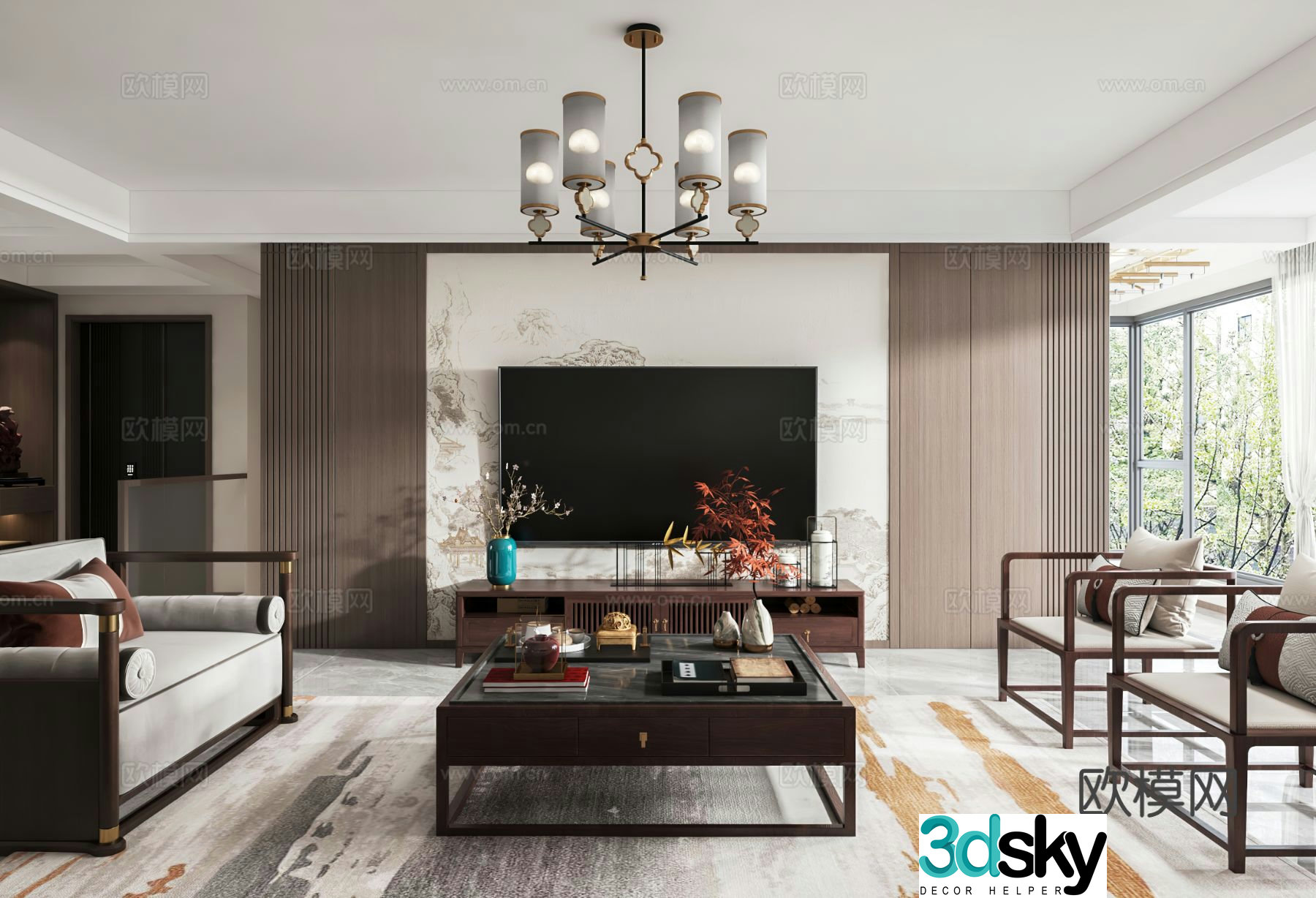 New Chinese style living and dining room open kitchen dry area TV wall staircase 3d model