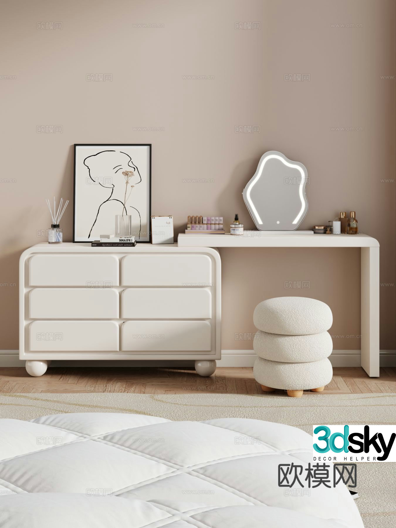Cream style dressing table makeup stool combination dressing table makeup stool mirror decoration hanging painting 3D model