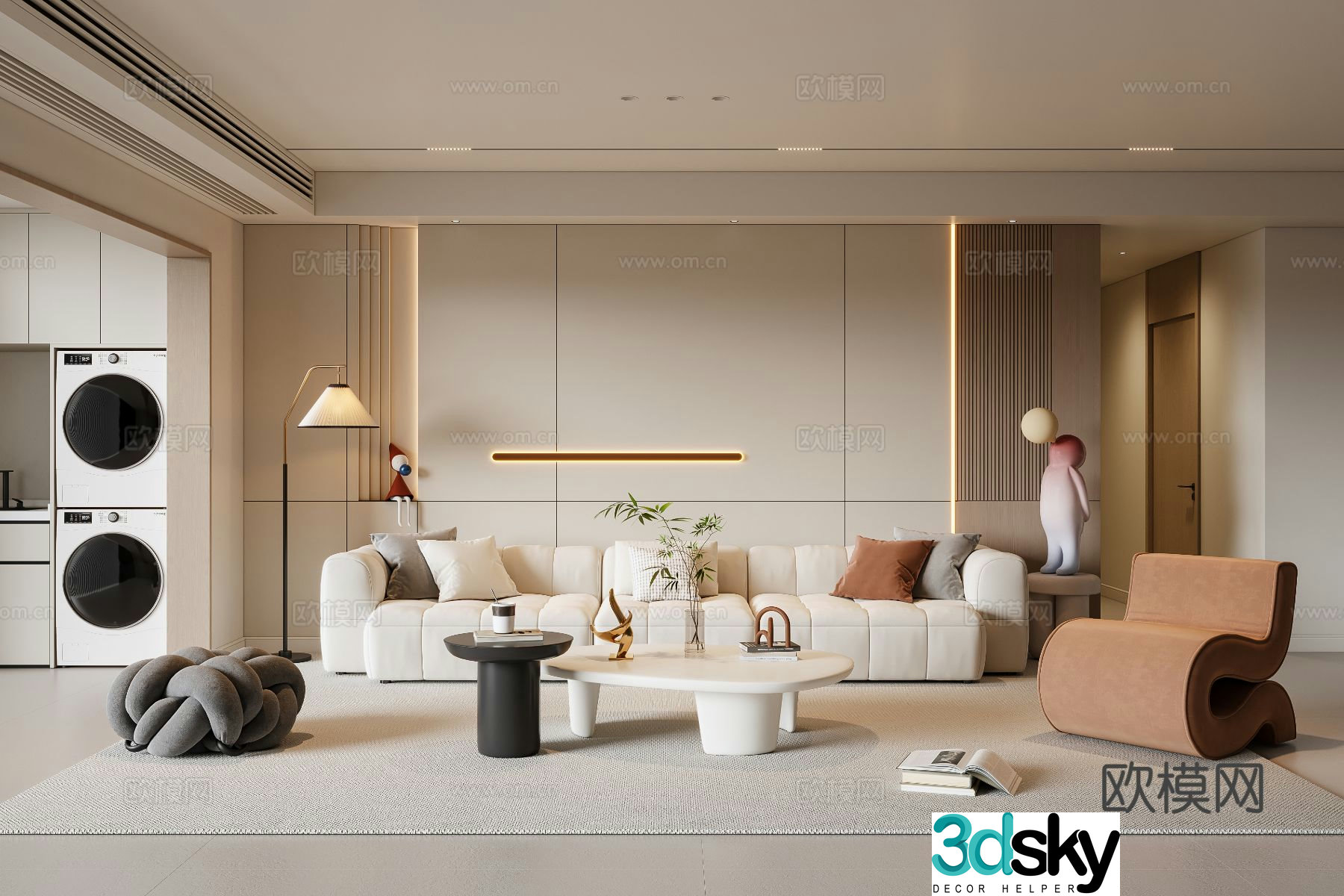 Modern creamy living room sofa coffee table multi-person sofa casual sofa floor lamp 3d model