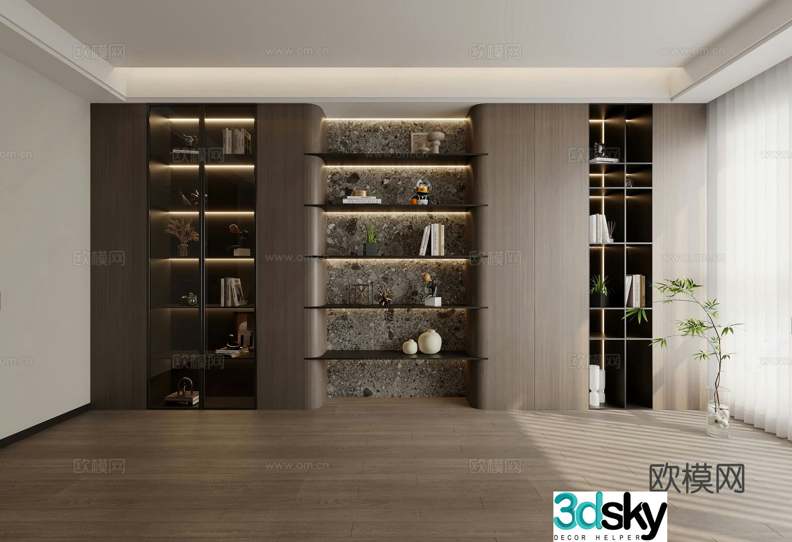 Modern bookcase Bookshelf Book ornaments Potted venetian blind 3d model