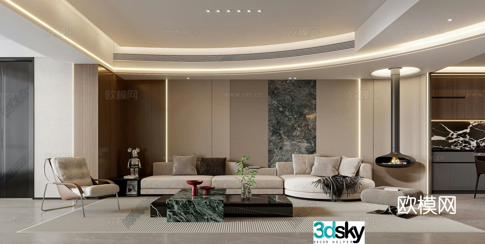 Modern living and dining room horizontal living and dining room ownerless lamp ceiling modern sofa coffee table combination 3D model