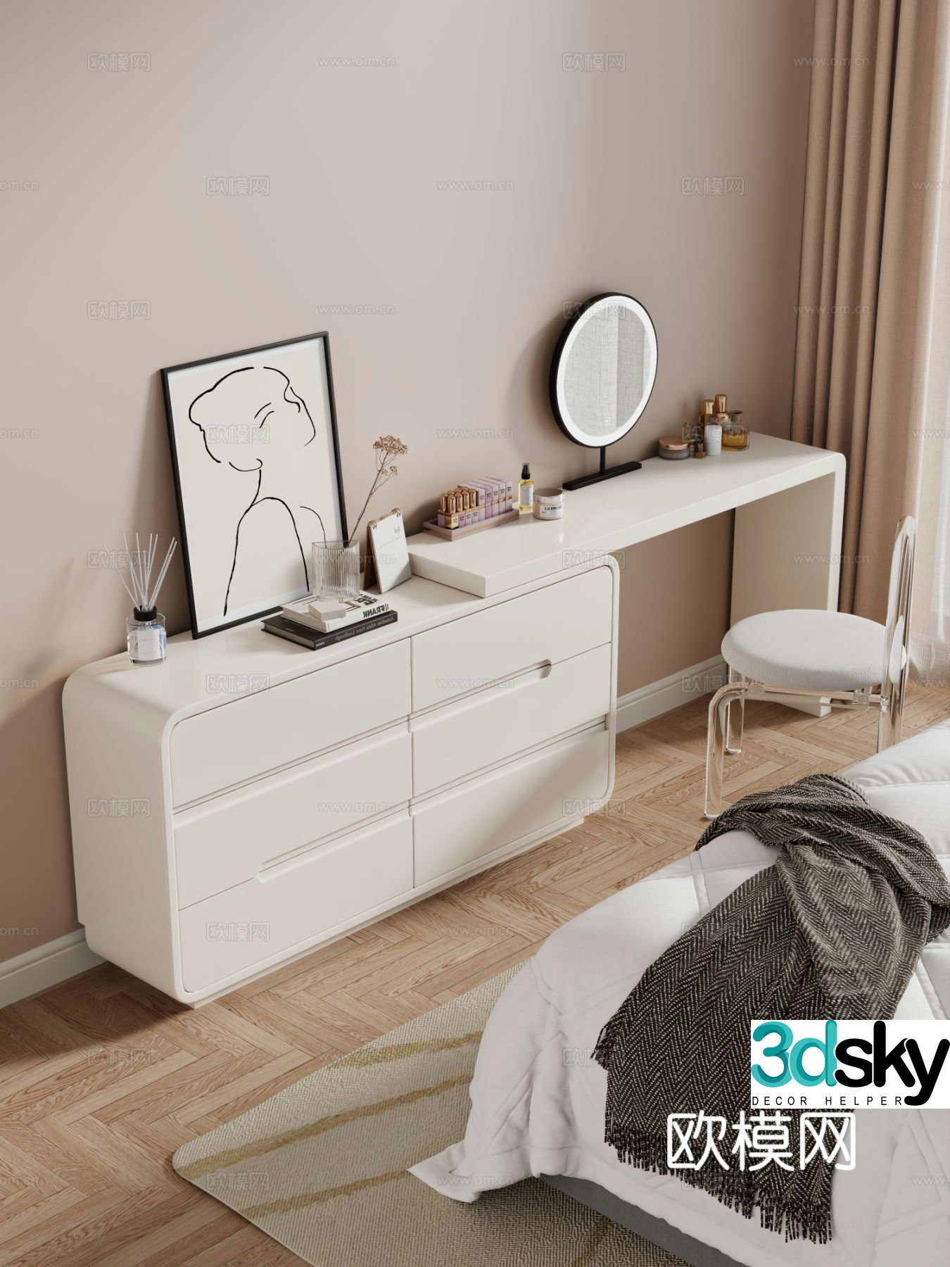 Cream style dressing table makeup stool combination dressing table makeup stool mirror decoration hanging painting 3D model