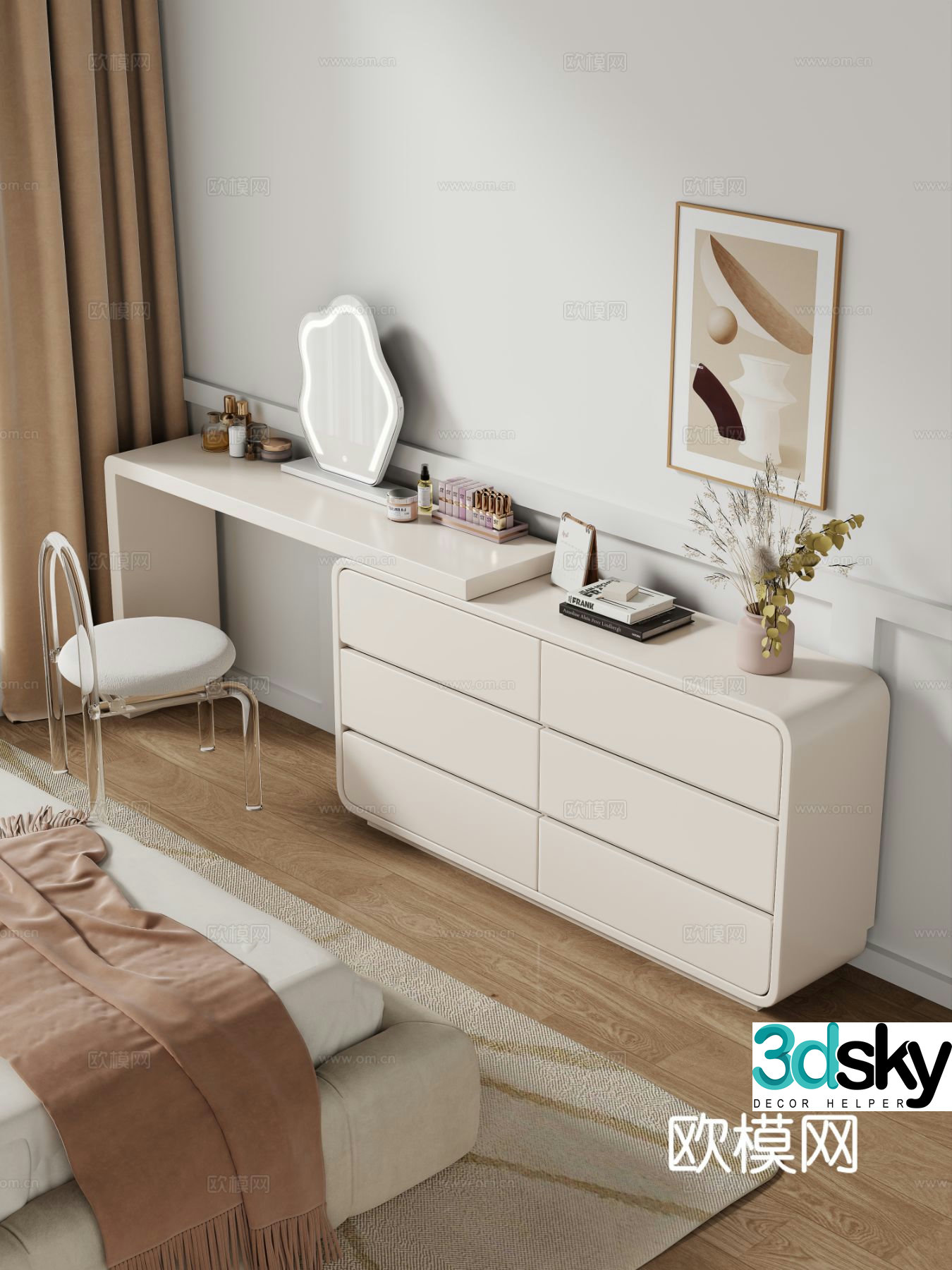 Cream style dressing table makeup stool combination dressing table makeup stool mirror decoration hanging painting 3D model
