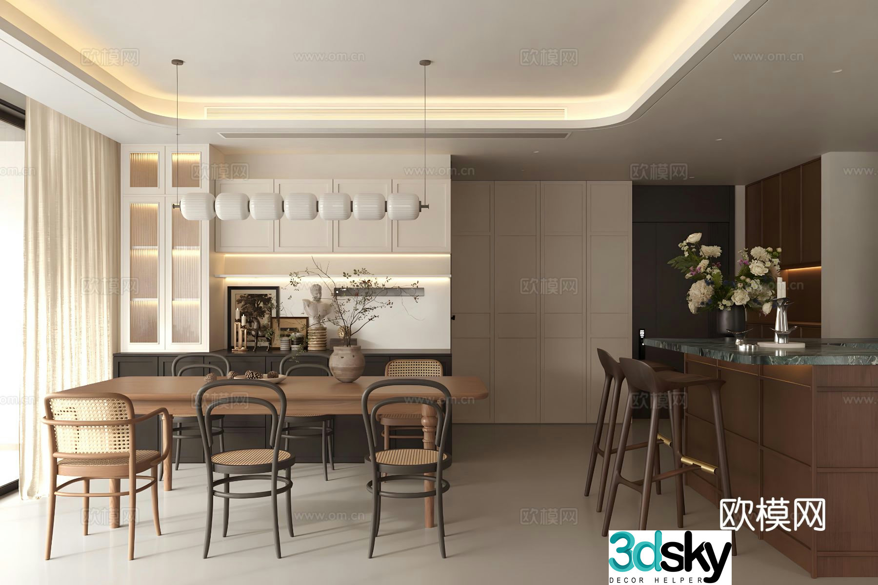 Middle-aged home restaurant French retro restaurant Island restaurant Long table restaurant Dining table chair 3D model