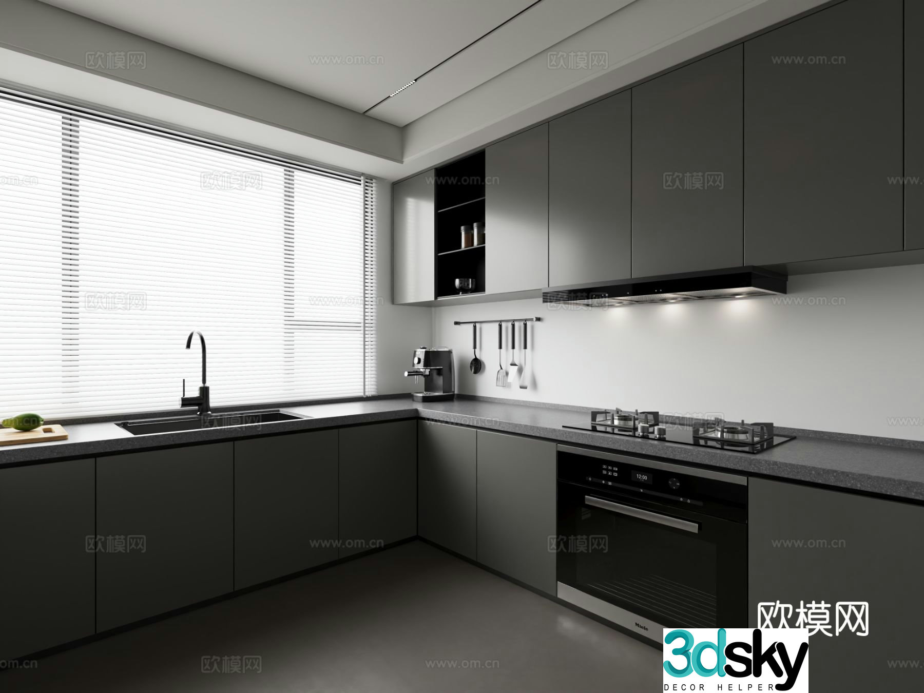 Modern minimalist black white and gray kitchen 3d model
