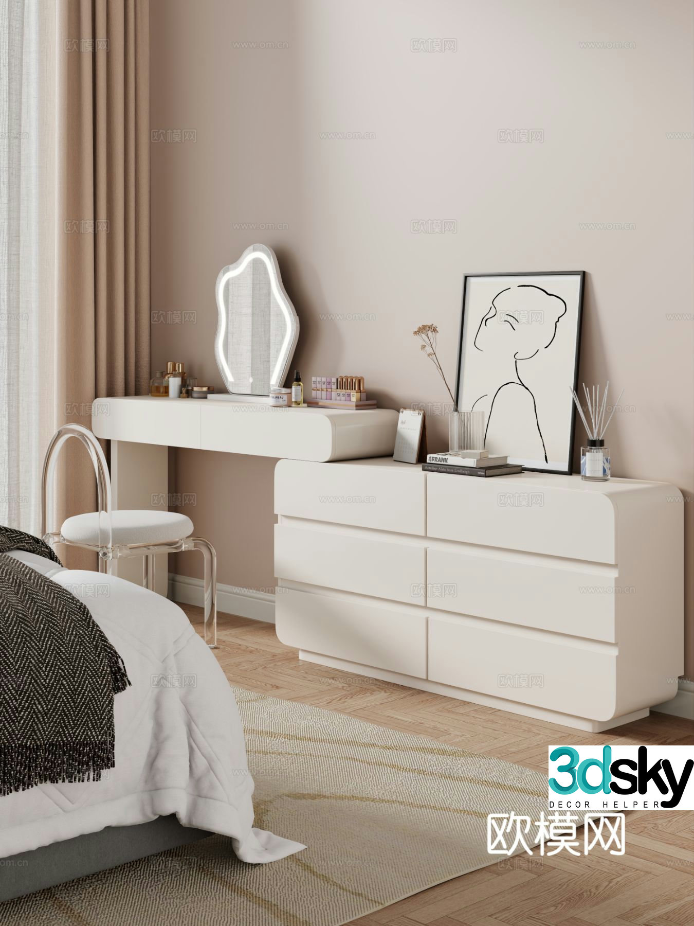 Cream style dressing table makeup stool combination dressing table makeup stool mirror decoration hanging painting 3D model