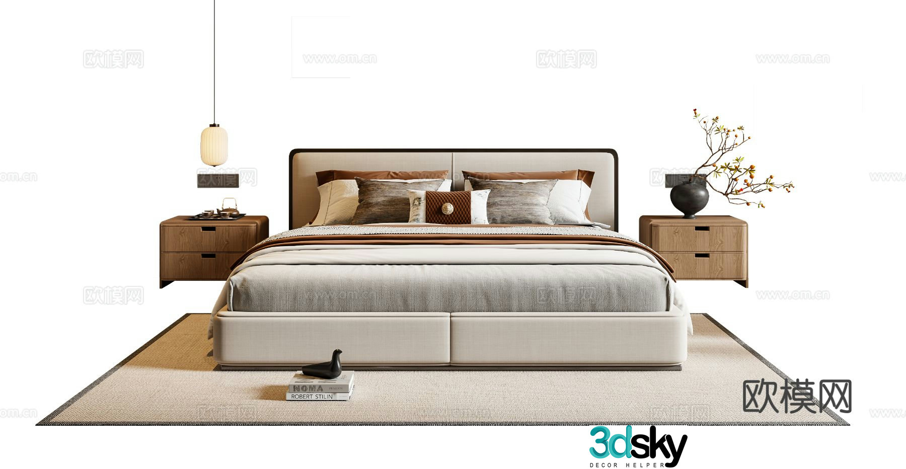 New Chinese style double bed fabric bed nightstand chandeliers carpet 3d model