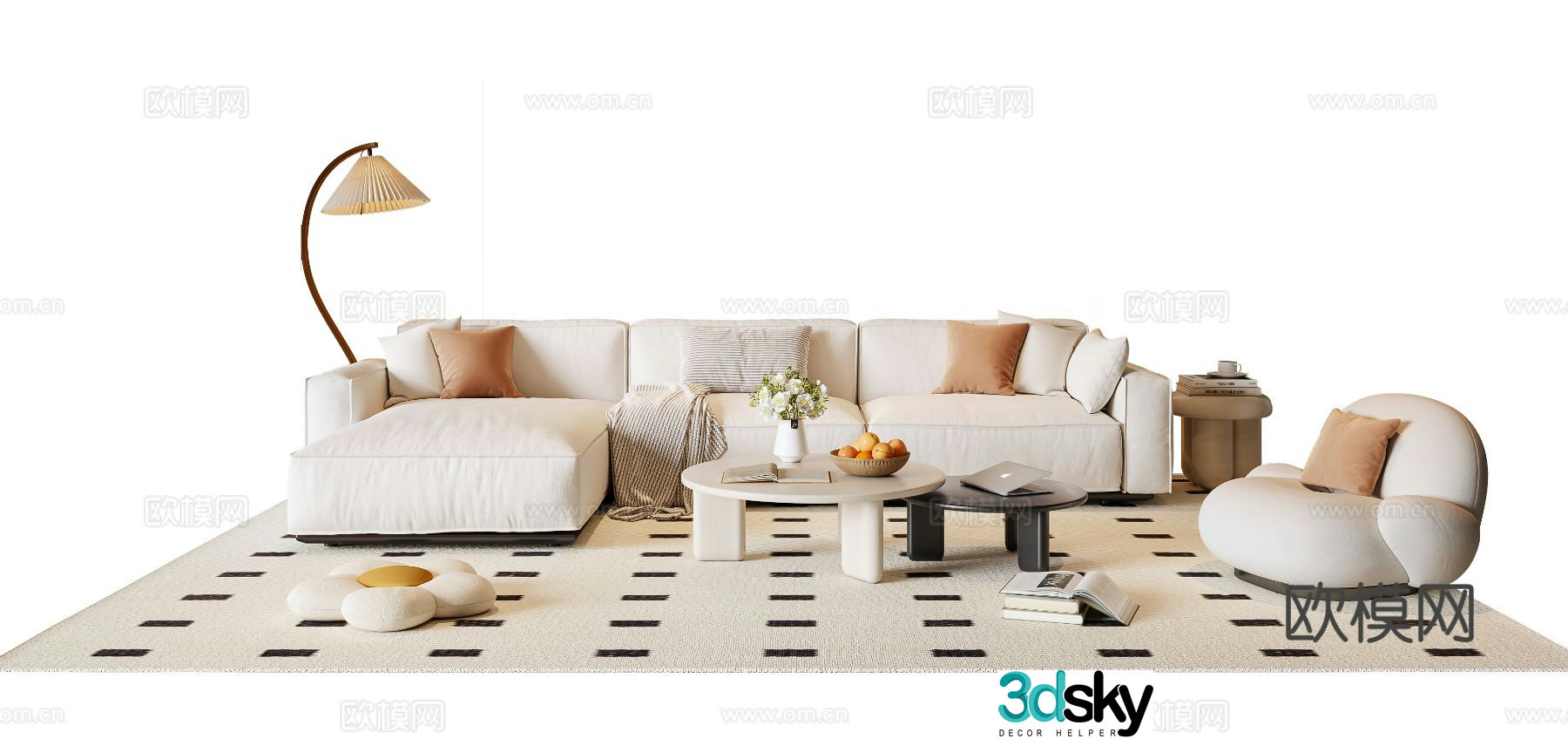Modern cream style sofa coffee table combination fabric sofa corner sofa casual sofa floor lamp 3d model
