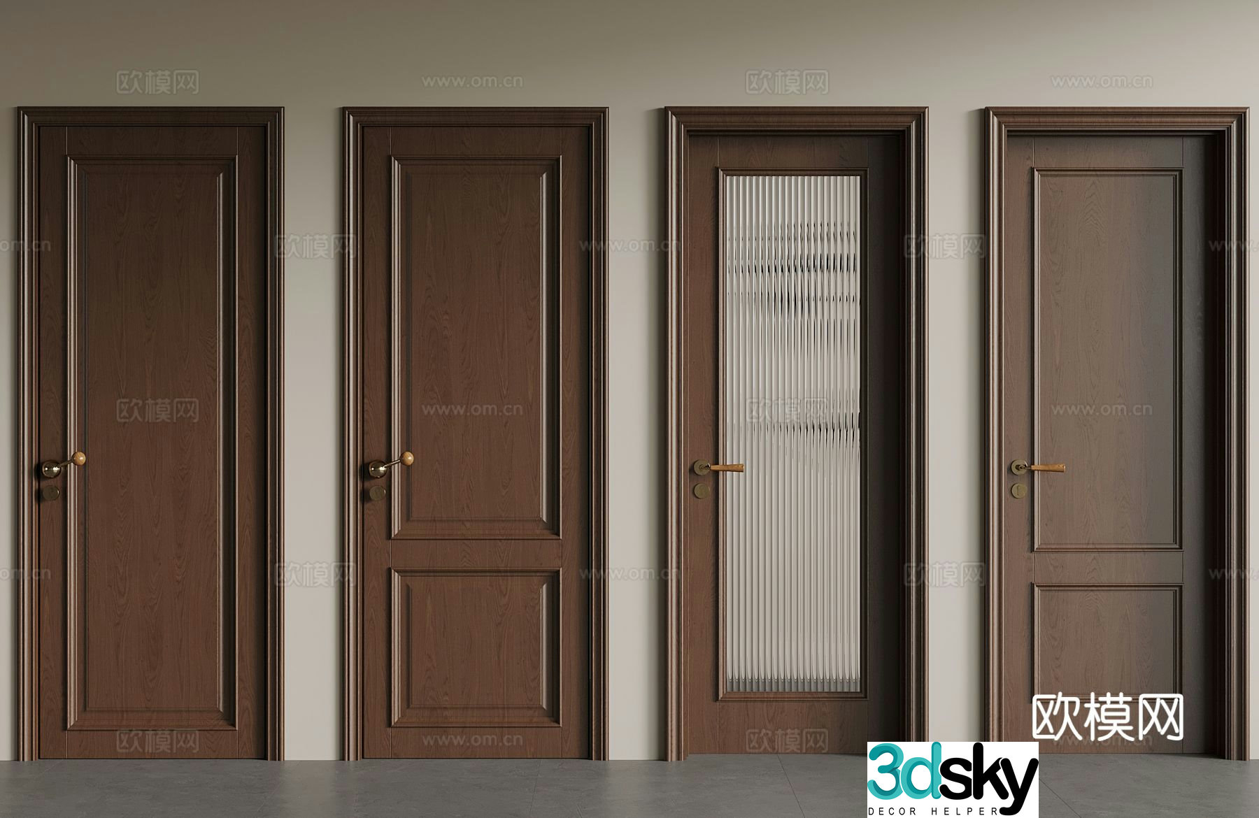 Medium style single-open door interior door glass door 3d model