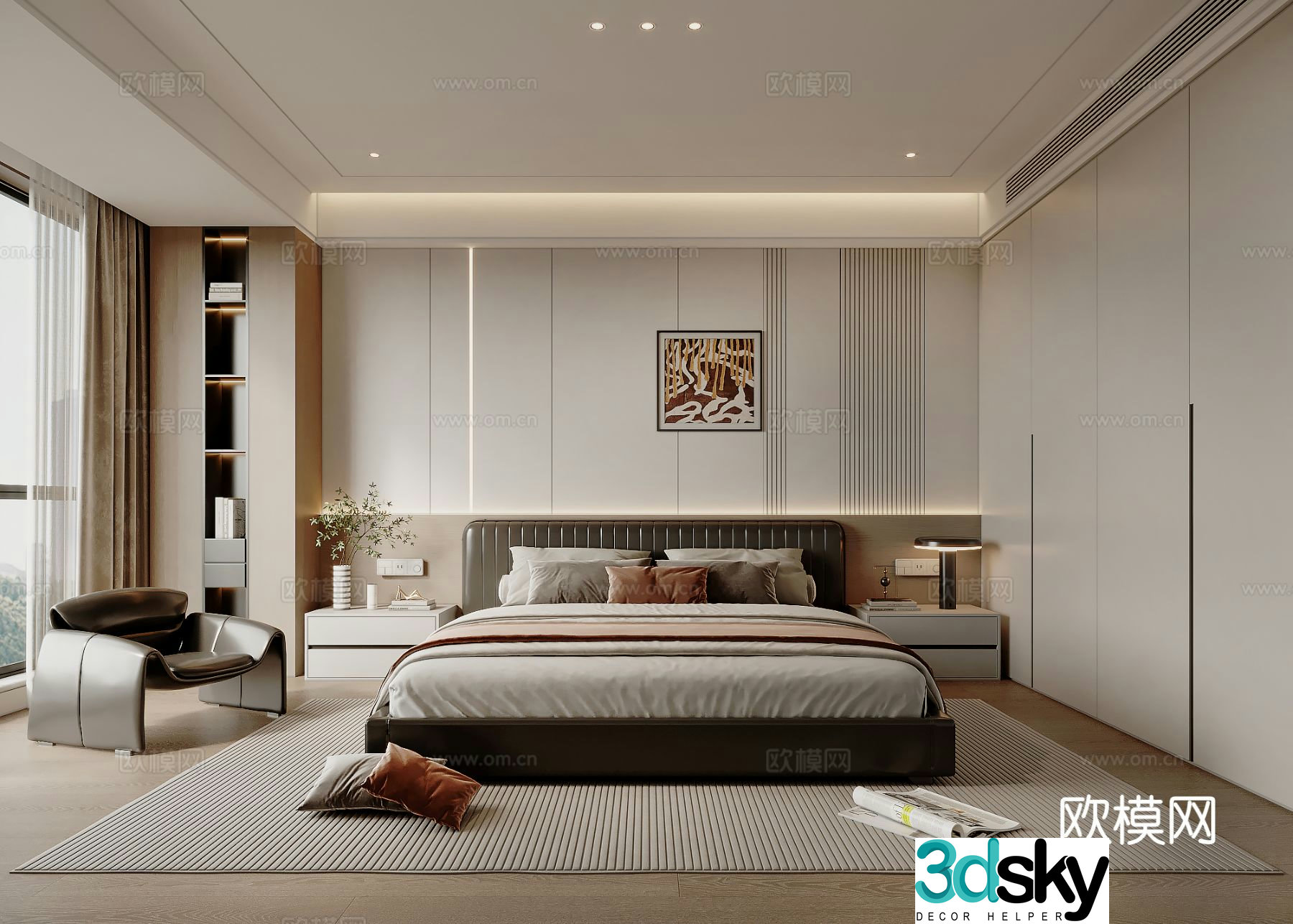 Modern bedroom Double bed nightstand carpet curtain 3d model