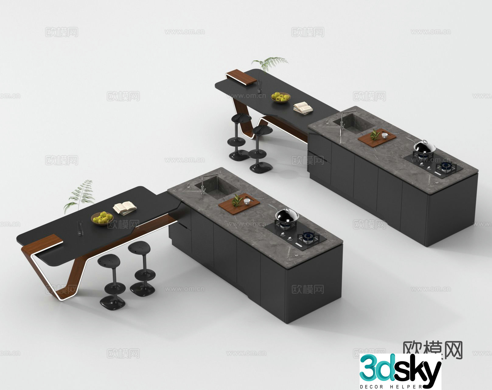 Dining table and chairs island bar 3d model
