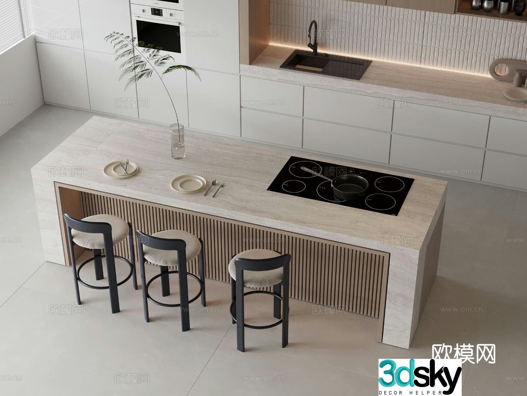 Bar dining table and chairs Marble bar Nakadao dining table Metal bar chair Marble sideboard 3D model