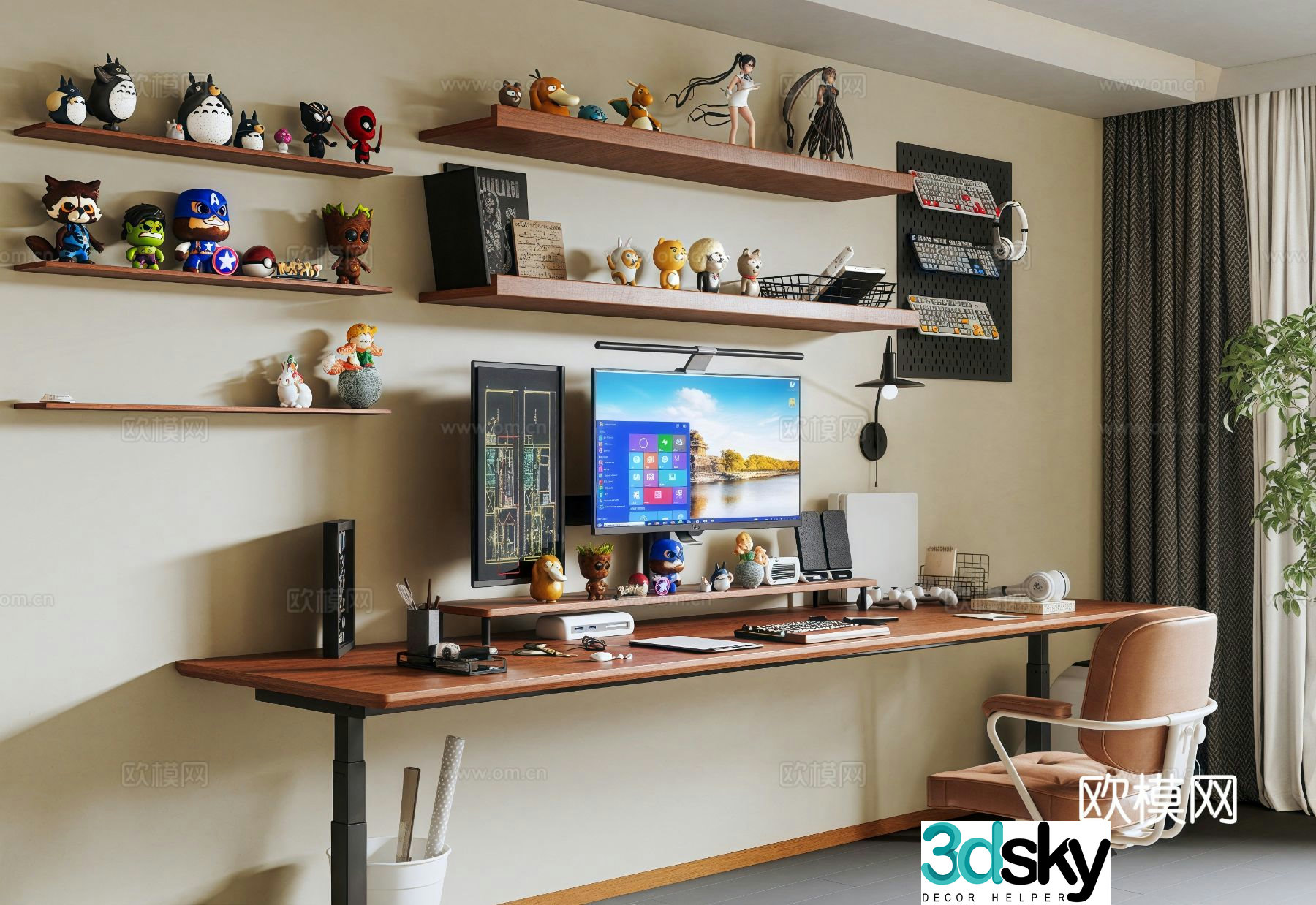 Middle-aged e-sports room sculpture lift computer desk computer e-sports chair 3d model