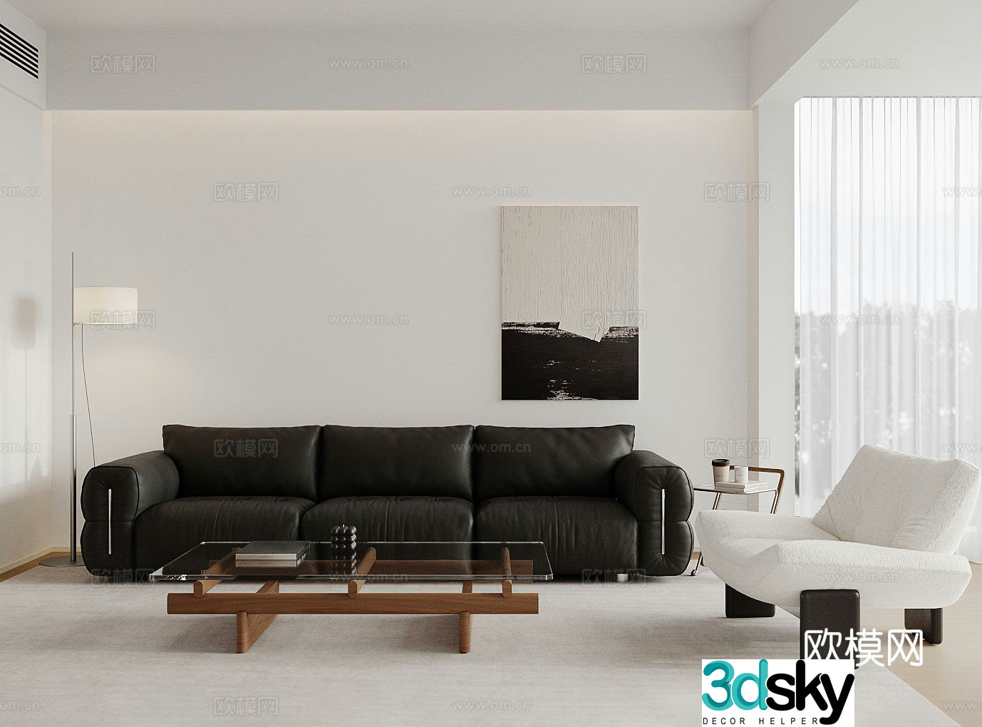 Modern minimalist home living room black and white and gray living room ownerless lights high-end gray living room sofa chair 3D model