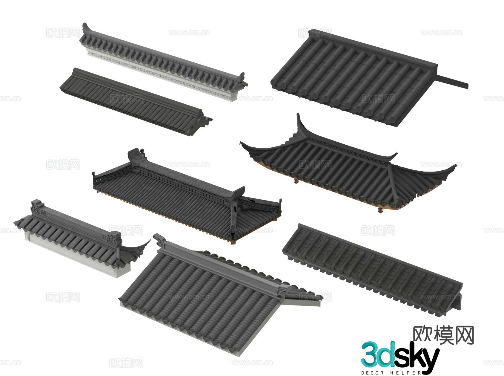 Chinese eaves roof tiles roof ridge 3d model